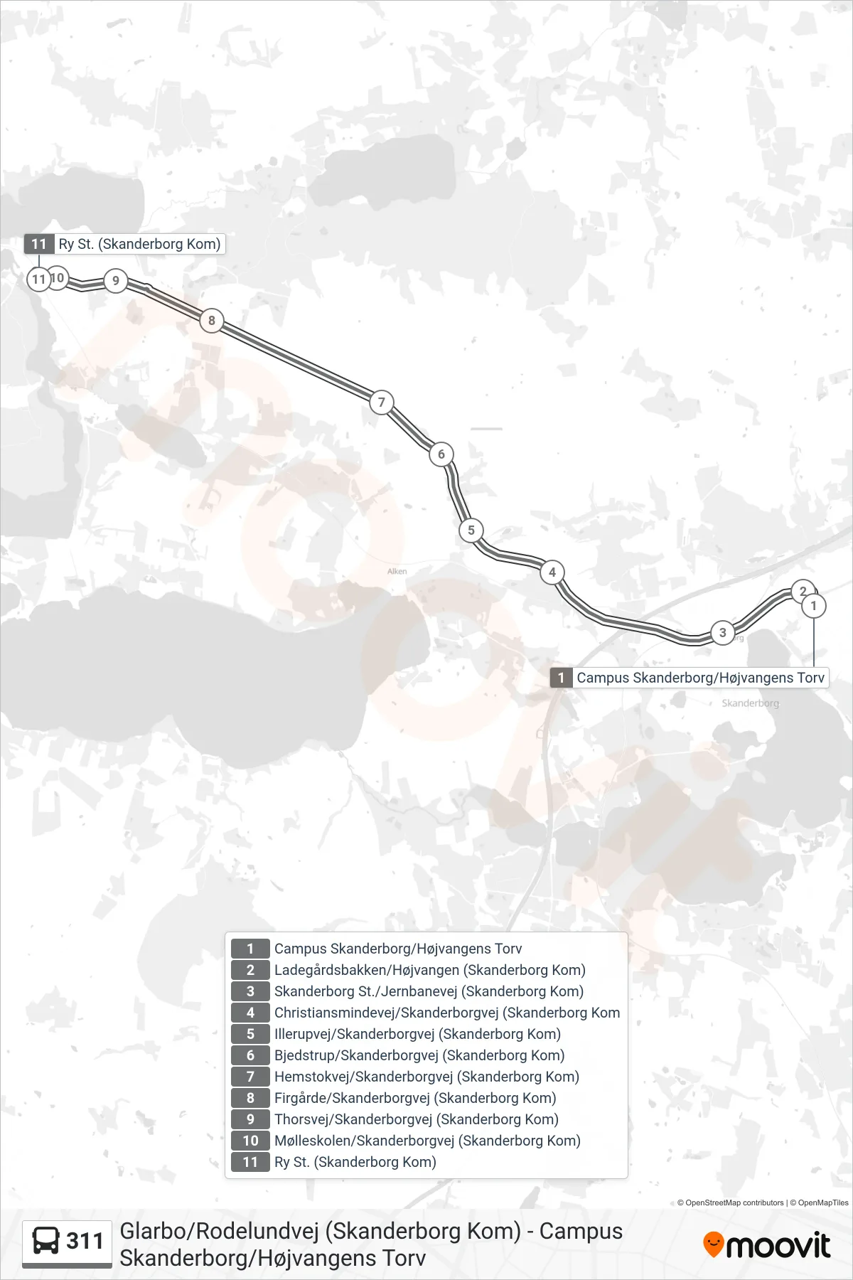 311 bus Linje (Ry St.) rute og stop på et kort