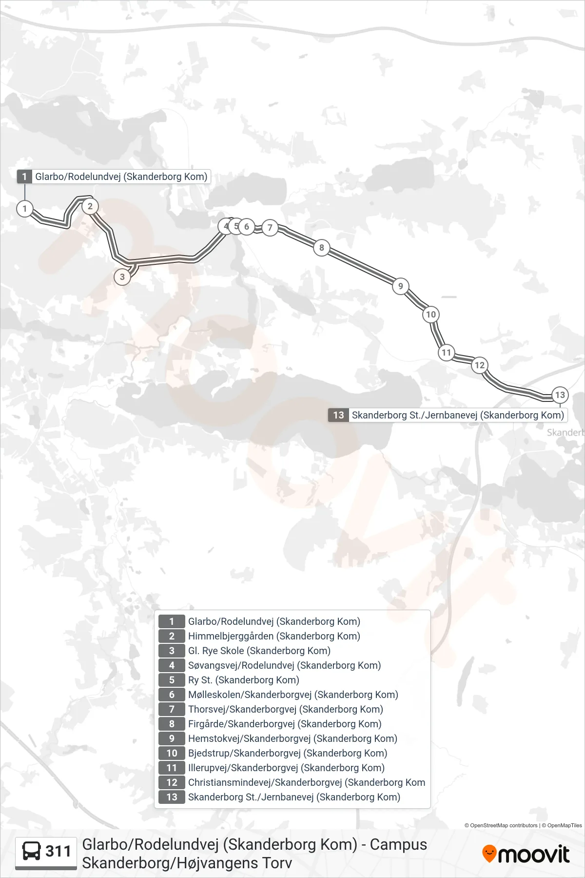 311 bus Linje (Skanderborg St.) rute og stop på et kort