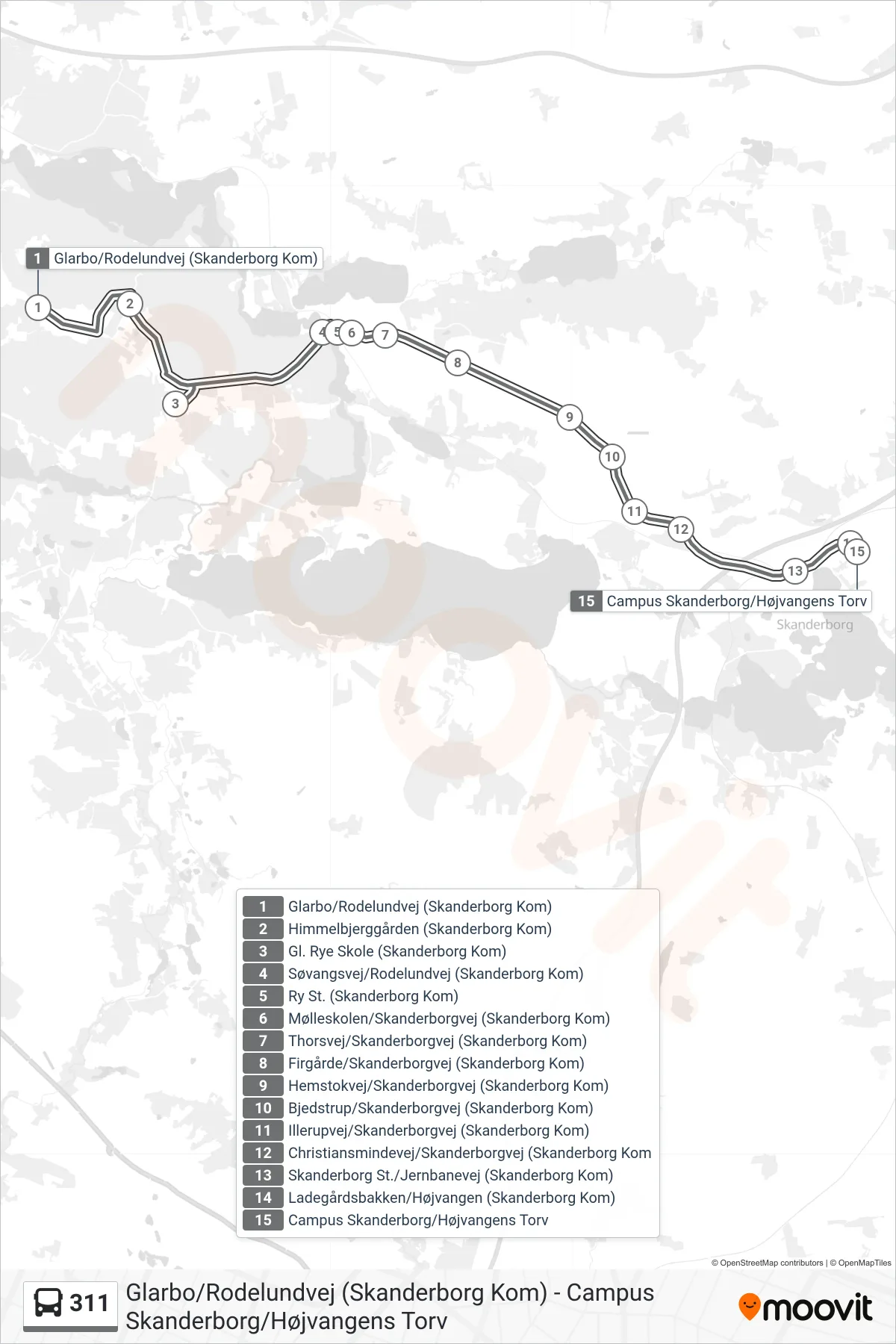 311 bus Linje (Campus Skanderborg) rute og stop på et kort