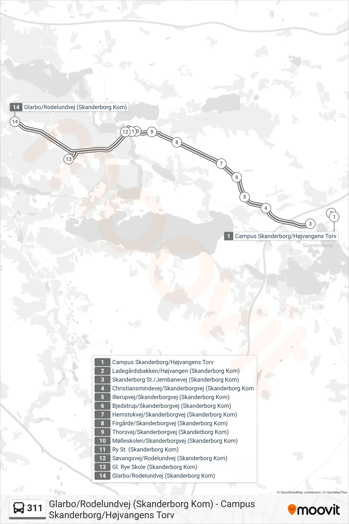 311 bus Linje (Glarbo) rute og stop på et kort