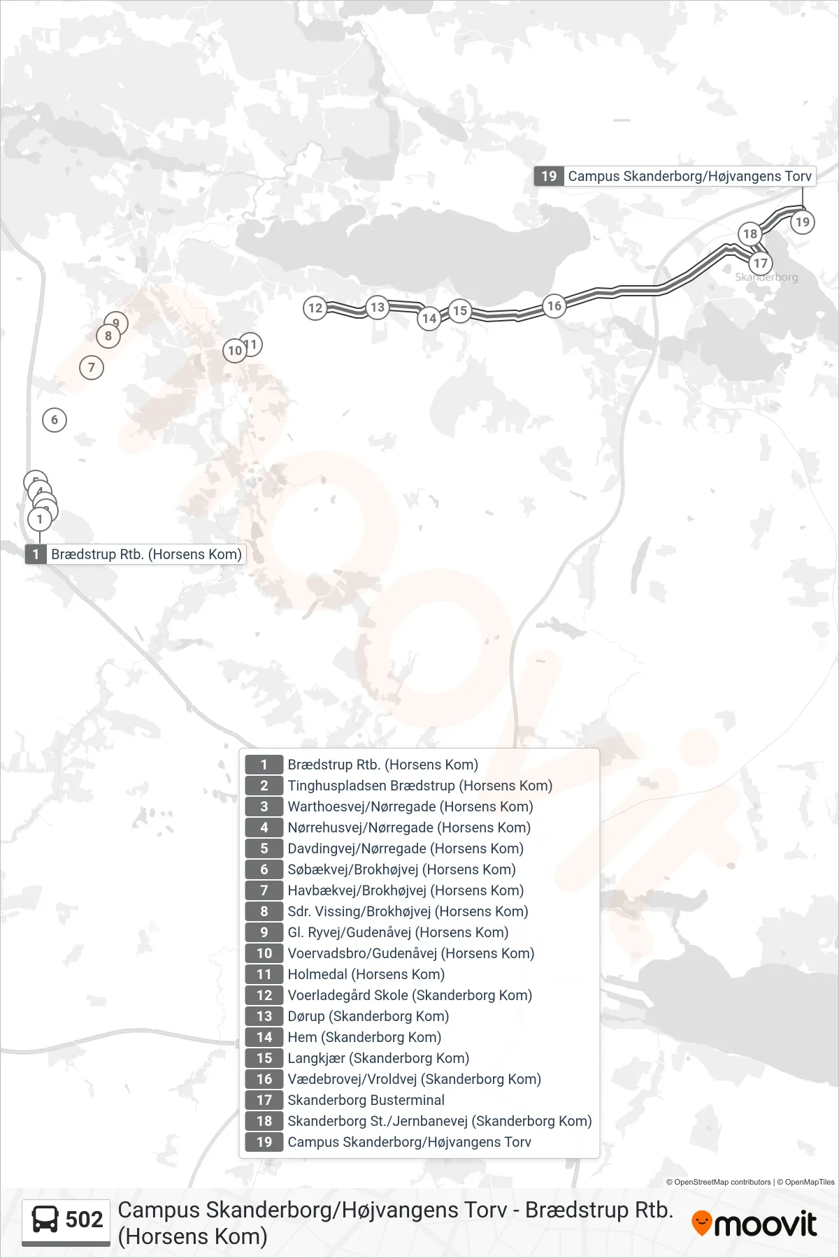 502 bus Linje (Campus Skanderborg) rute og stop på et kort
