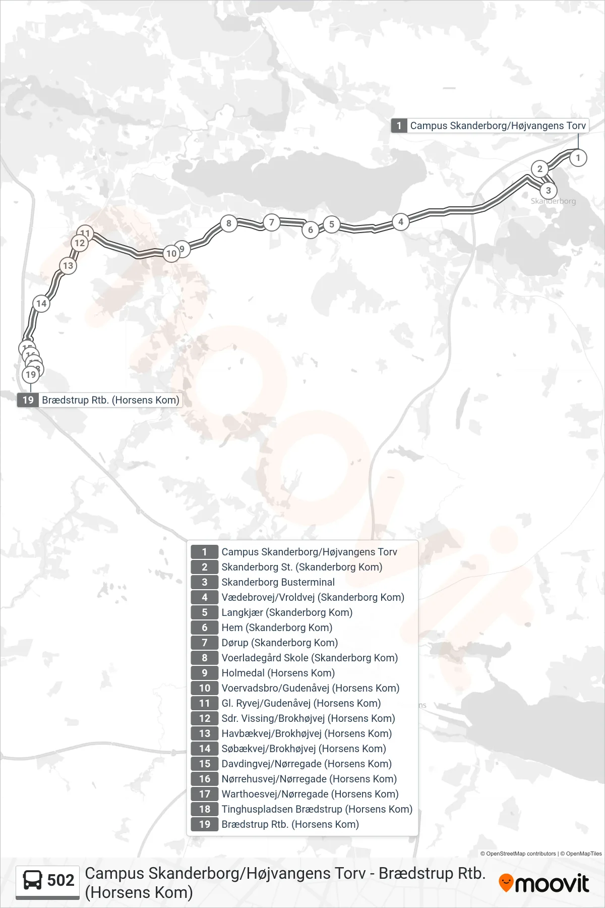 502 bus Linje (Brædstrup Rtb.) rute og stop på et kort