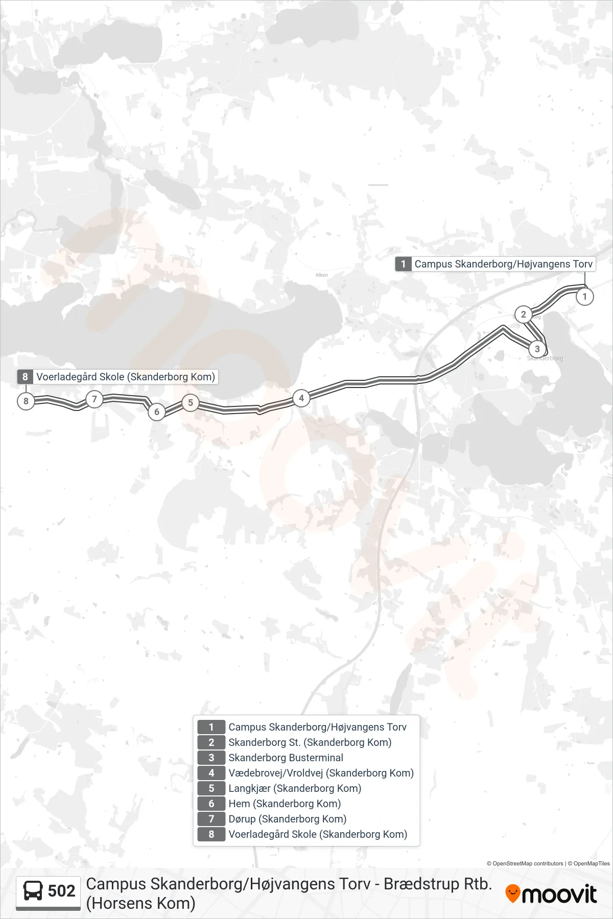 502 bus Linje (Voerladegård Skole) rute og stop på et kort
