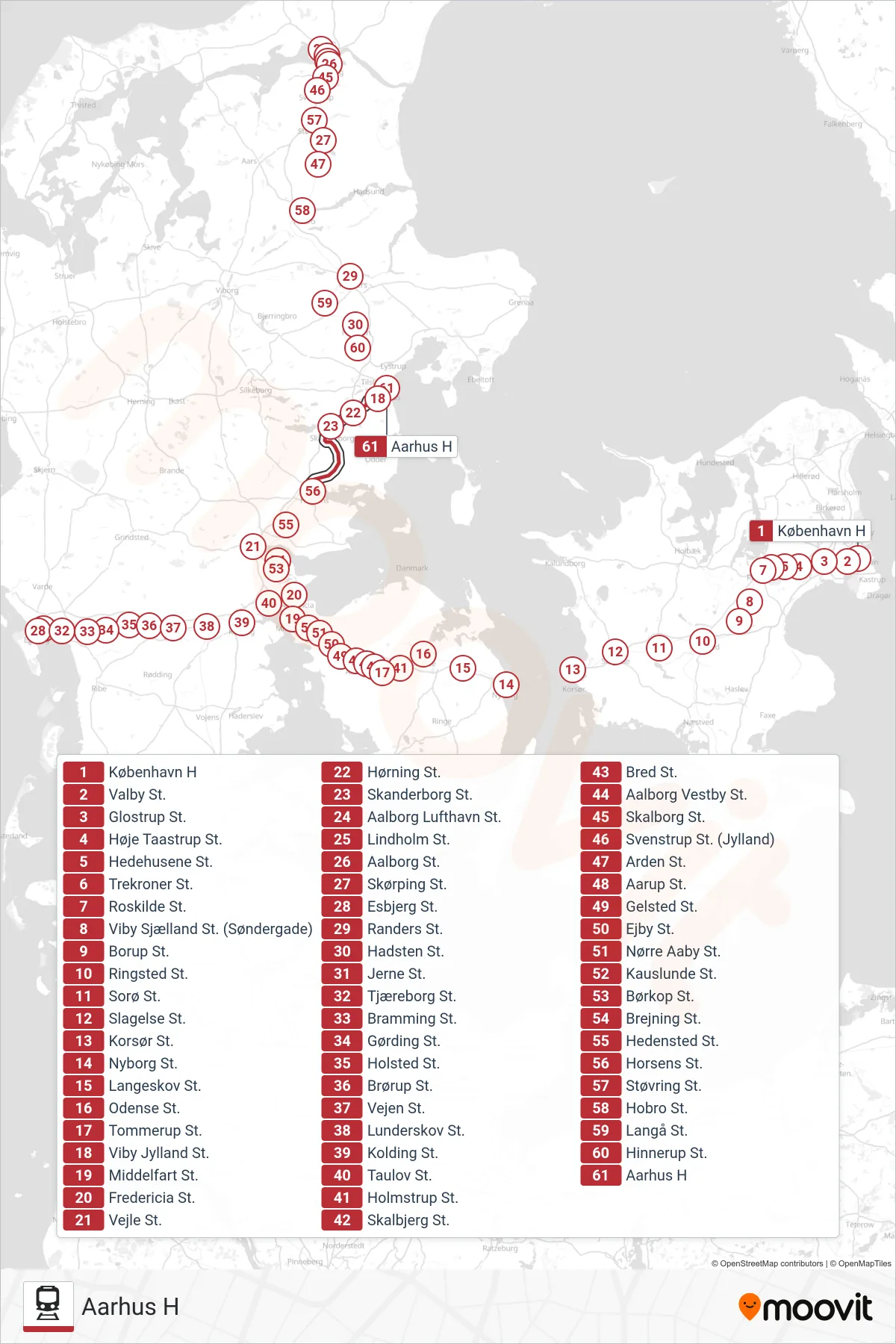 IC jernbane Linje (Aarhus H) rute og stop på et kort