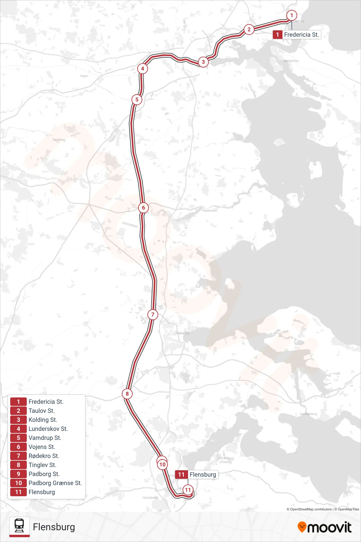 IC jernbane Linje (Flensburg) rute og stop på et kort