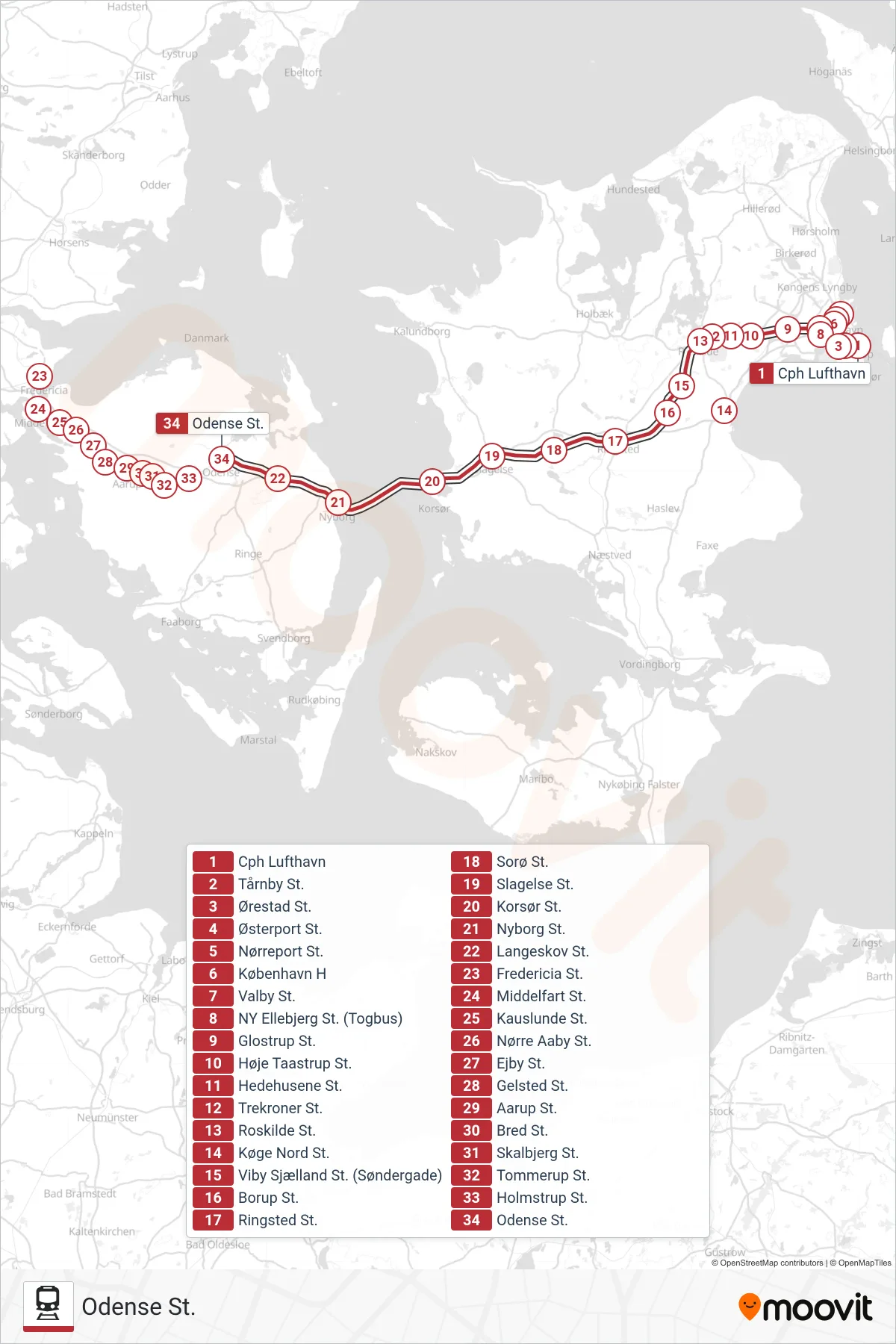 IC train Line (Odense St.) route and stops on a map