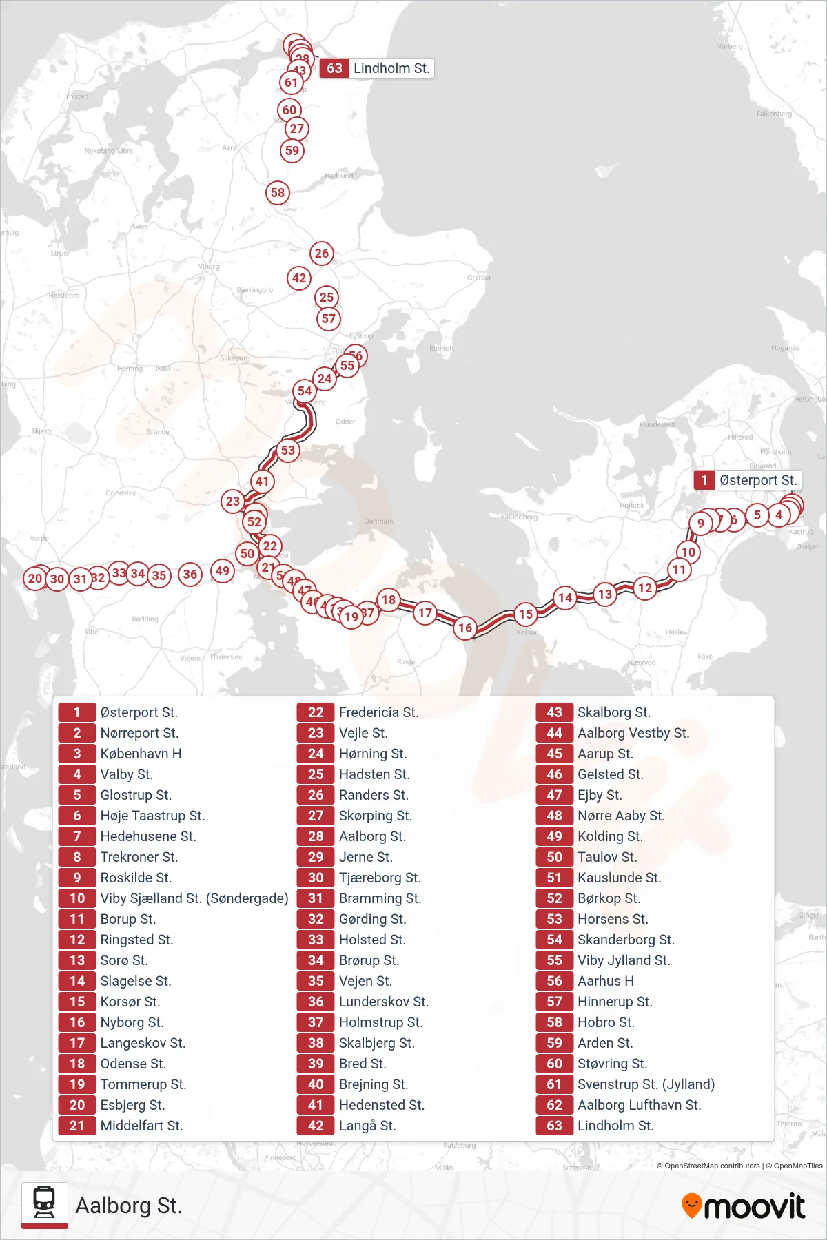 IC train Line (Aalborg St.) route and stops on a map