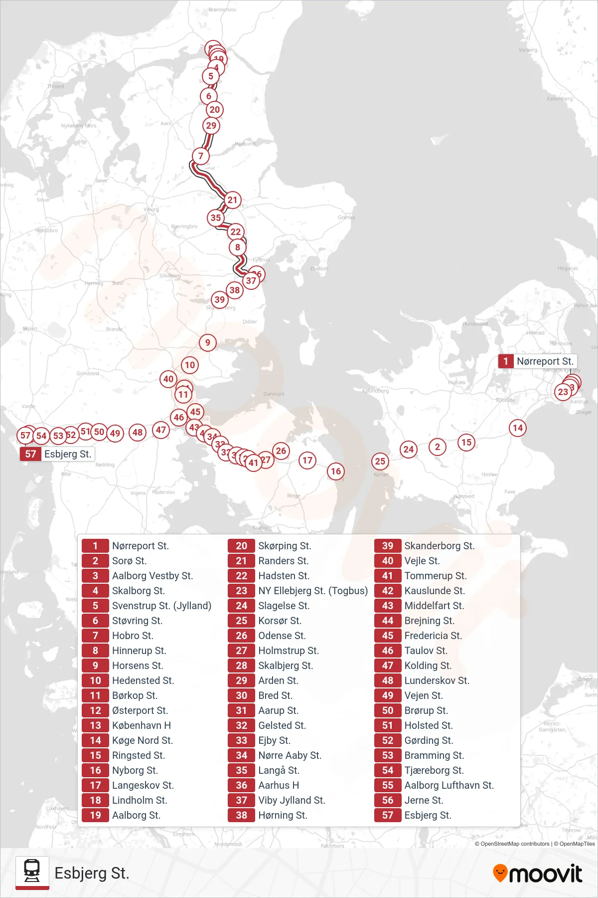IC train Line (Esbjerg St.) route and stops on a map