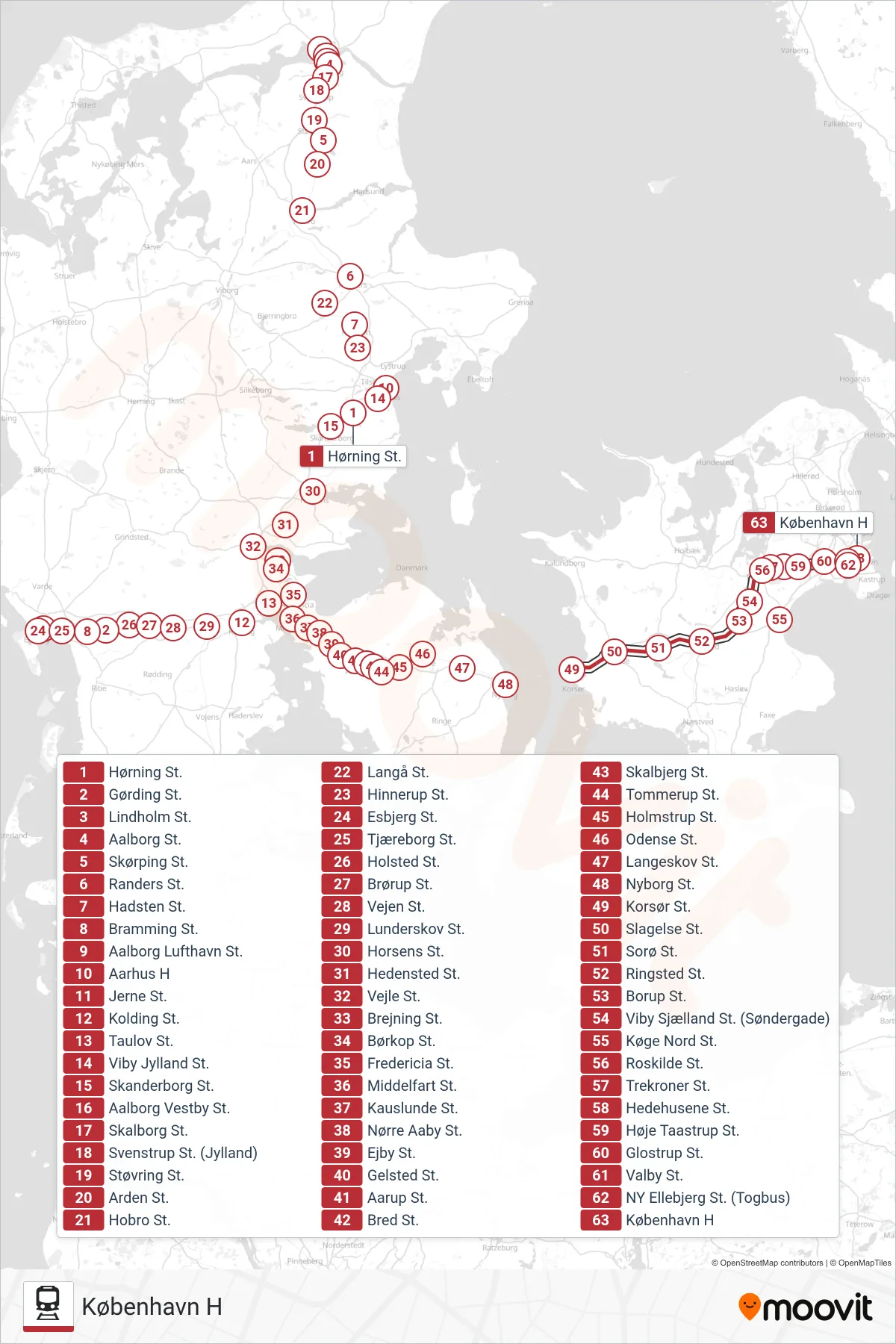 IC jernbane Linje (København H) rute og stop på et kort