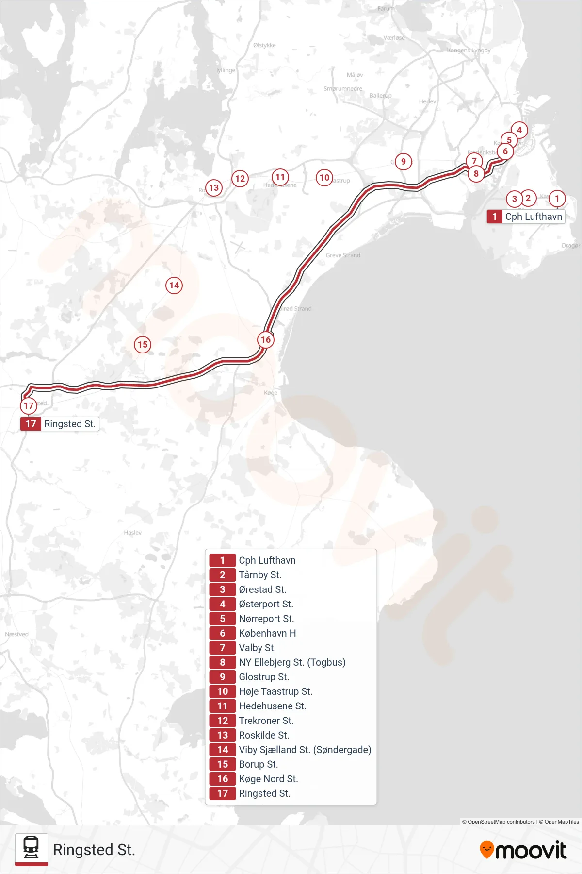 IC jernbane Linje (Ringsted St.) rute og stop på et kort