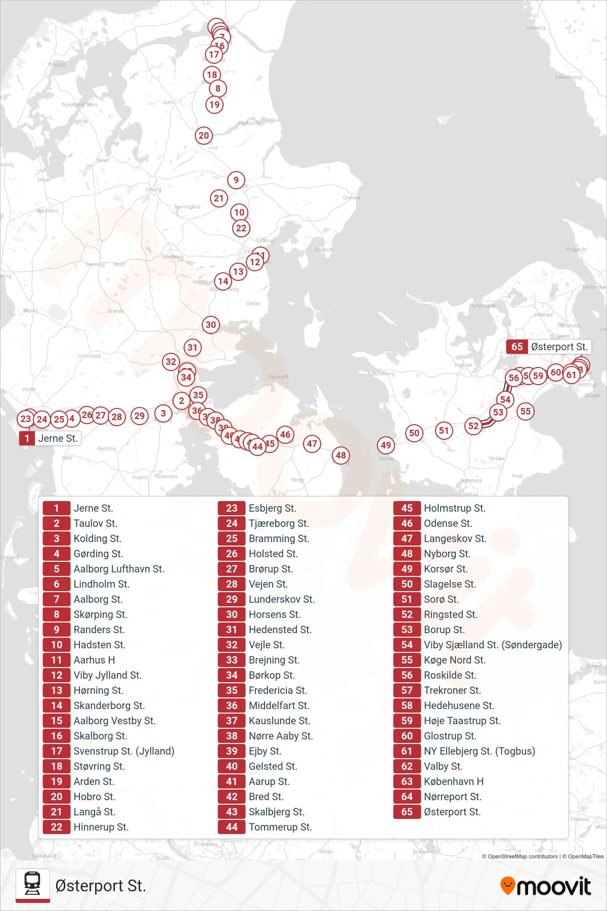 IC train Line (Østerport St.) route and stops on a map