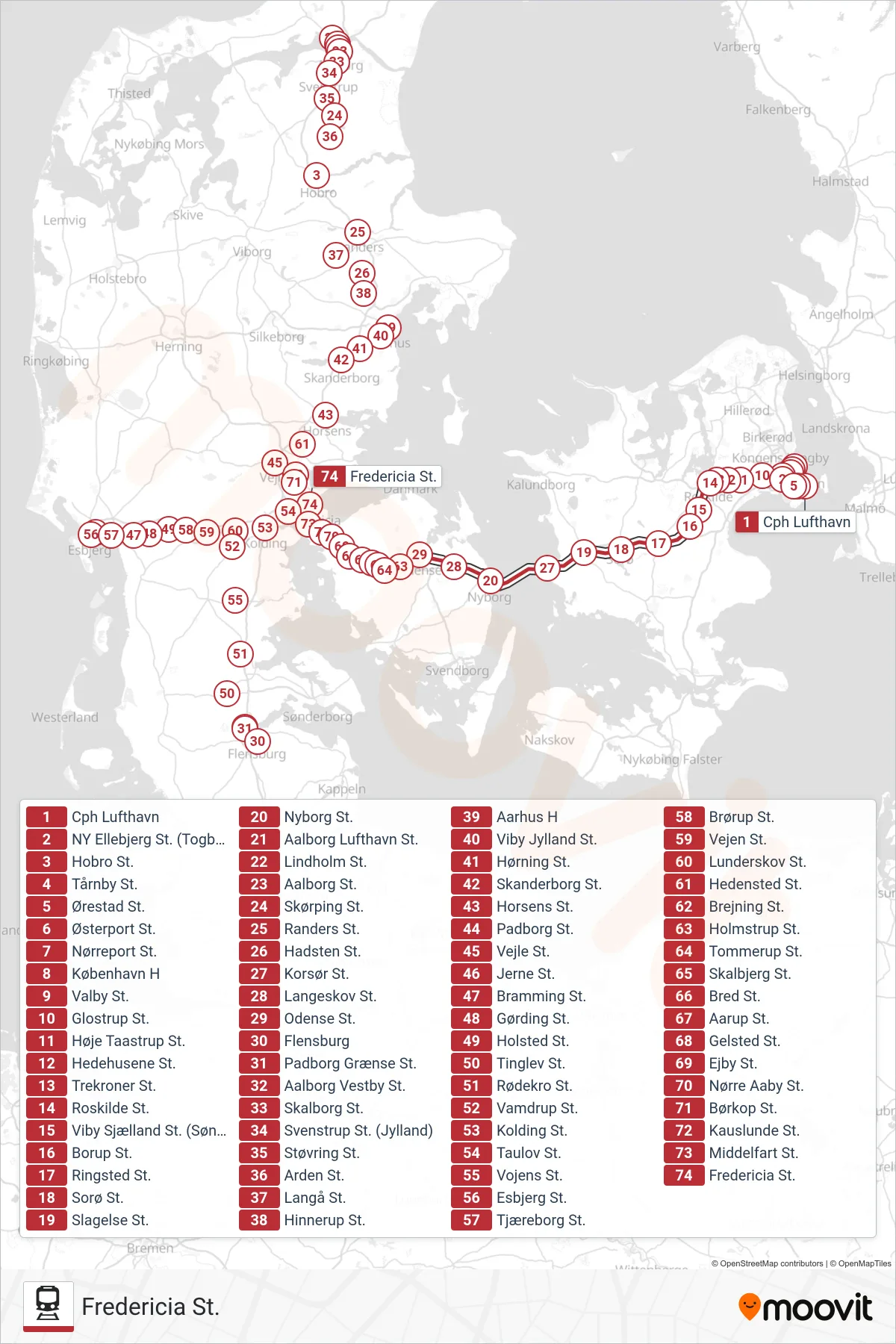 IC jernbane Linje (Fredericia St.) rute og stop på et kort