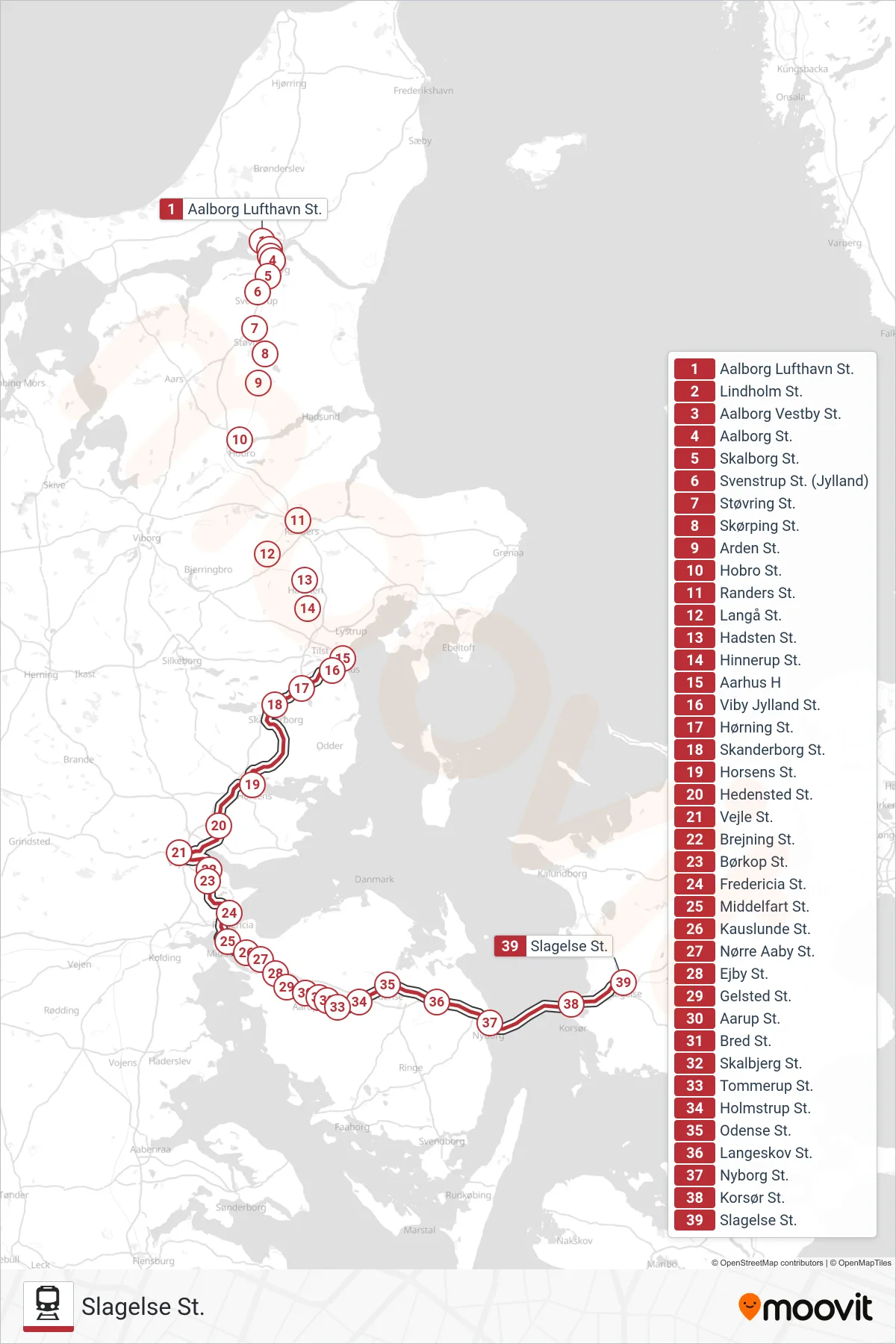 IC train Line (Slagelse St.) route and stops on a map