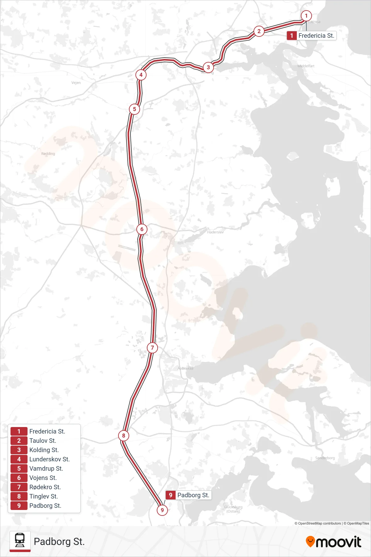 IC jernbane Linje (Padborg St.) rute og stop på et kort