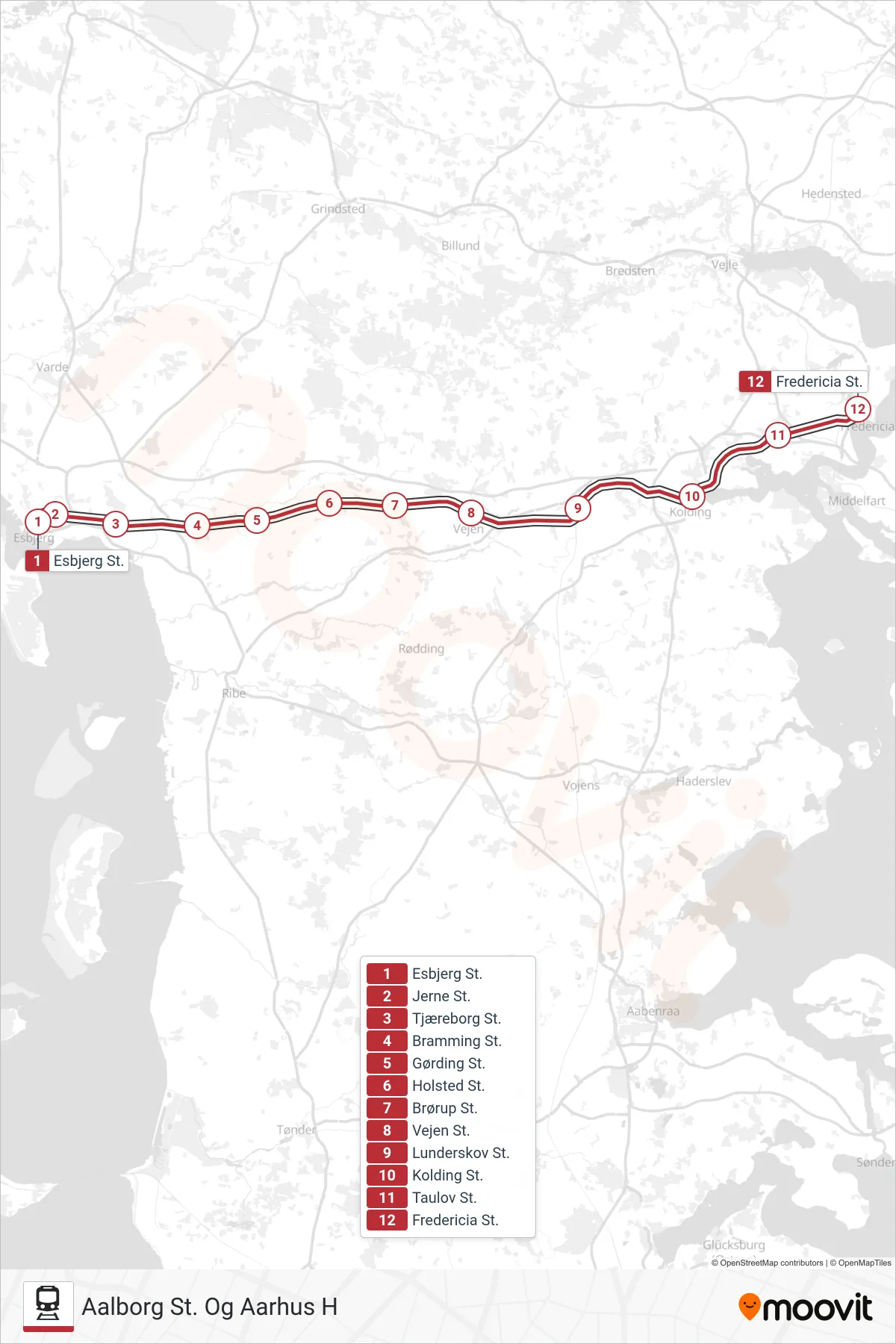 IC jernbane Linje (Aalborg St. Og Aarhus H) rute og stop på et kort