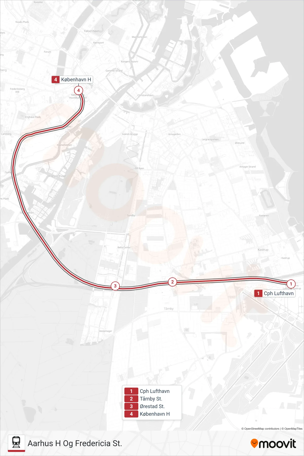 IC jernbane Linje (Aarhus H Og Fredericia St.) rute og stop på et kort