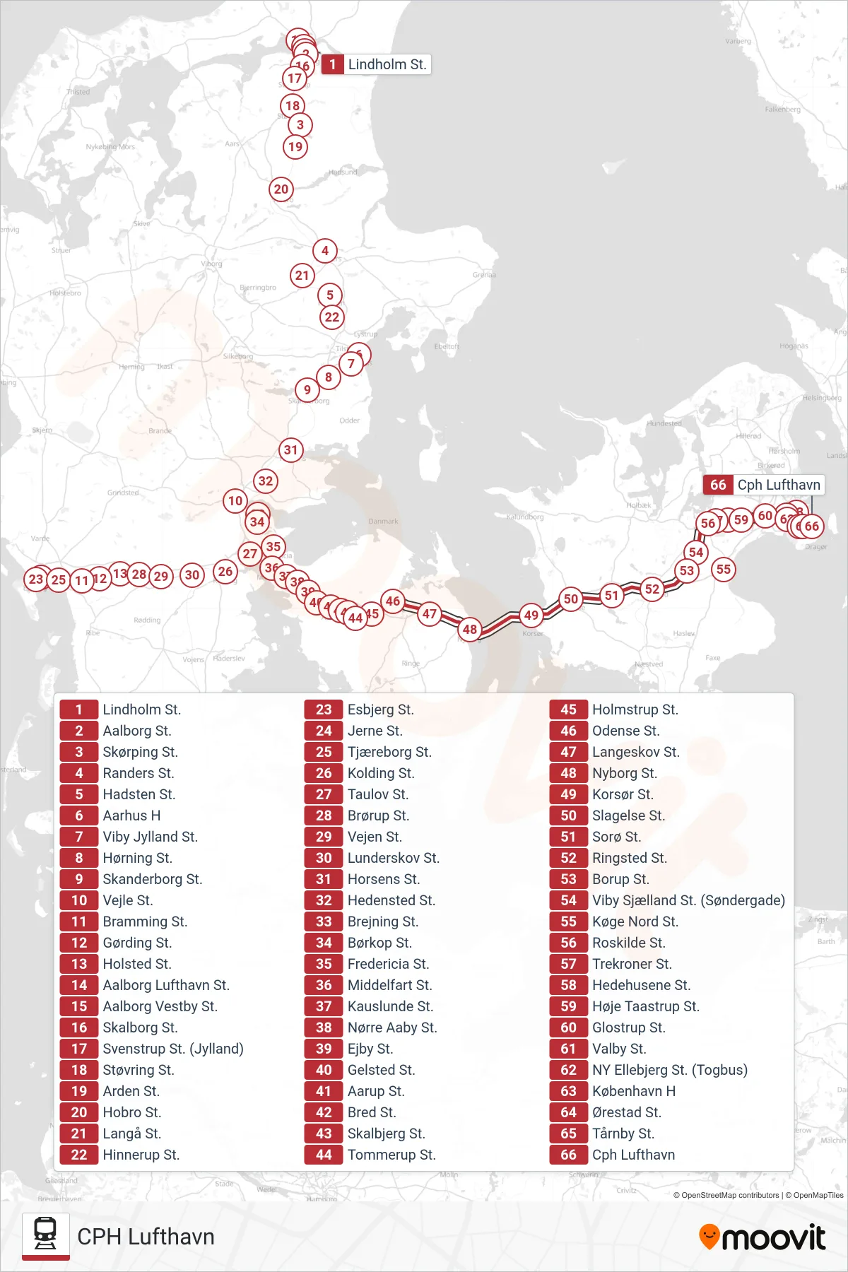 IC jernbane Linje (CPH Lufthavn) rute og stop på et kort
