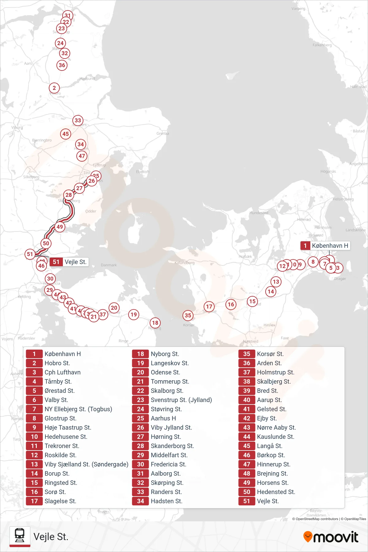 IC jernbane Linje (Vejle St.) rute og stop på et kort