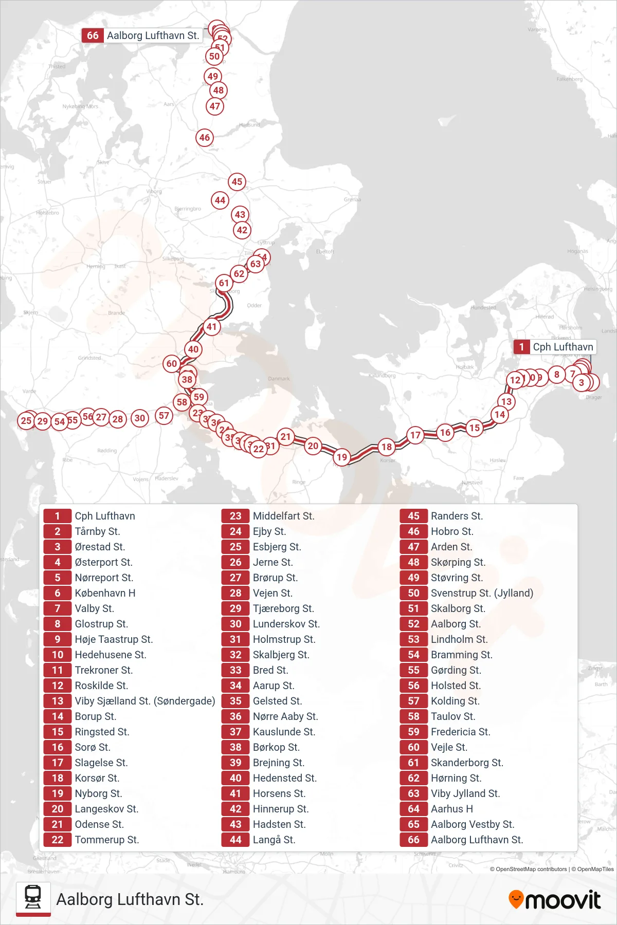 IC train Line (Aalborg Lufthavn St.) route and stops on a map