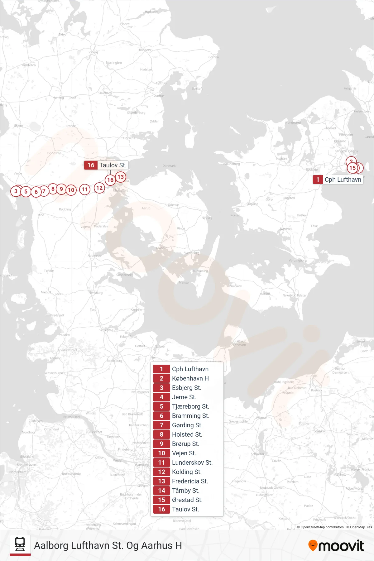 IC jernbane Linje (Aalborg Lufthavn St. Og Aarhus H) rute og stop på et kort