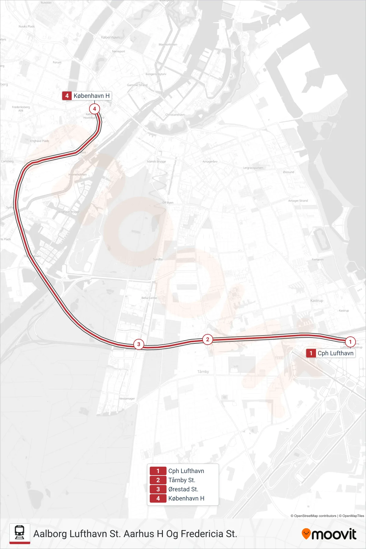 IC jernbane Linje (Aalborg Lufthavn St. Aarhus H Og Fredericia St.) rute og stop på et kort