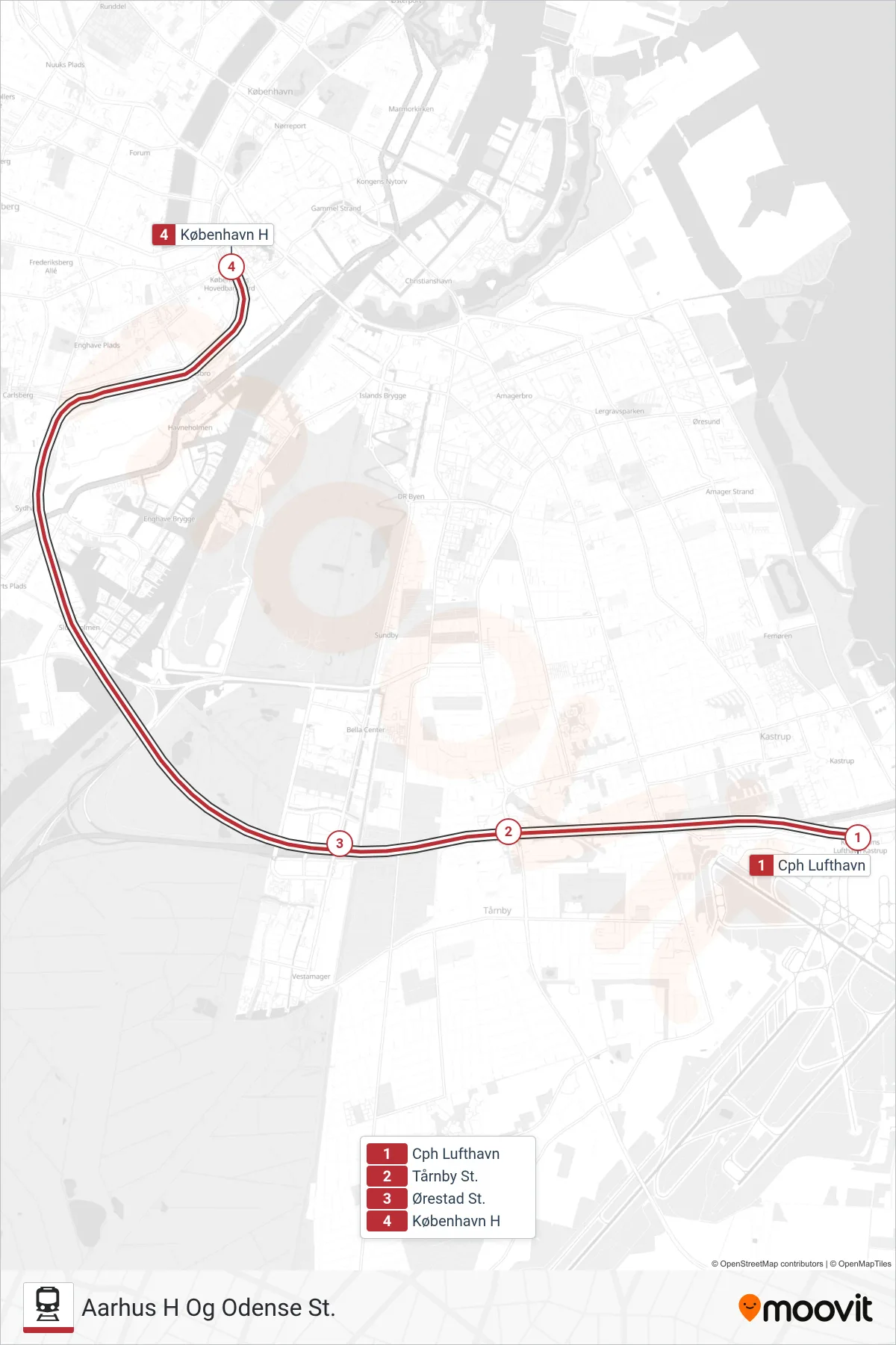 IC jernbane Linje (Aarhus H Og Odense St.) rute og stop på et kort