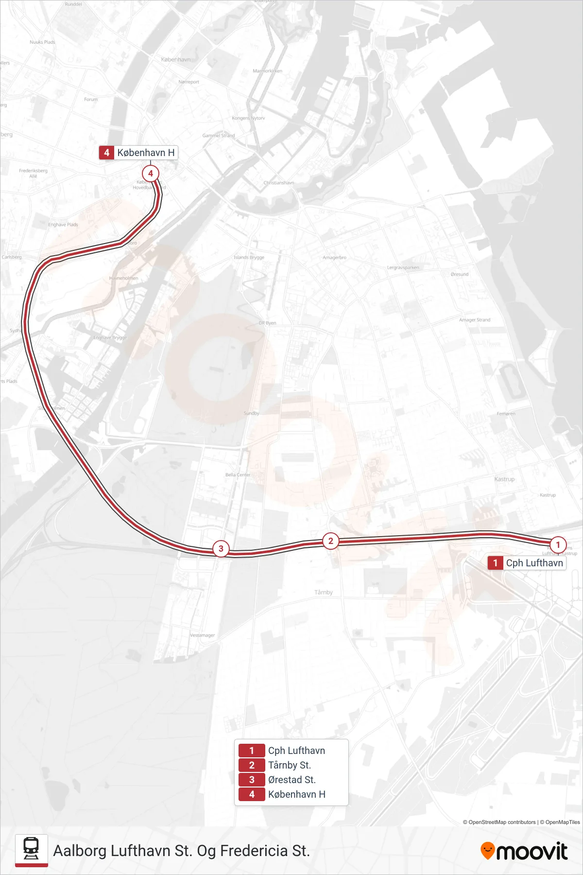 IC jernbane Linje (Aalborg Lufthavn St. Og Fredericia St.) rute og stop på et kort
