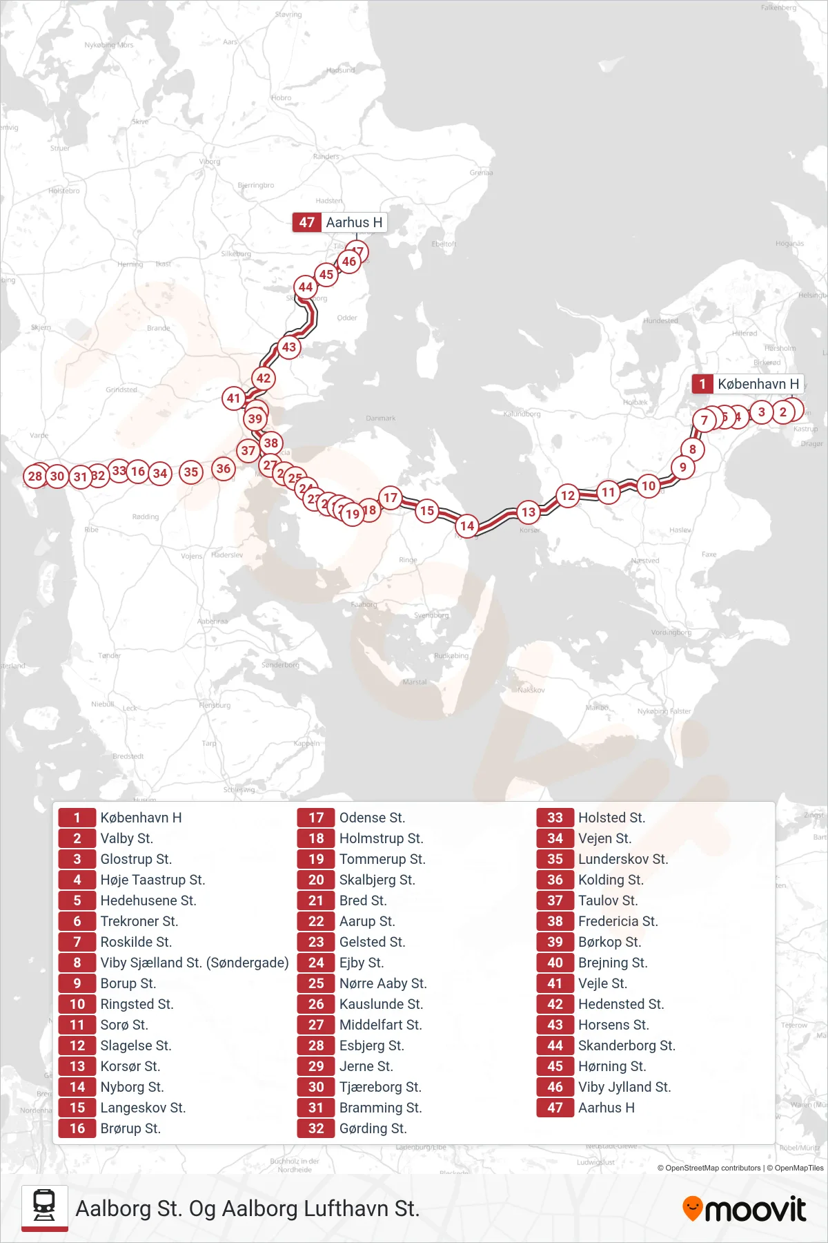 IC train Line (Aalborg St. Og Aalborg Lufthavn St.) route and stops on a map