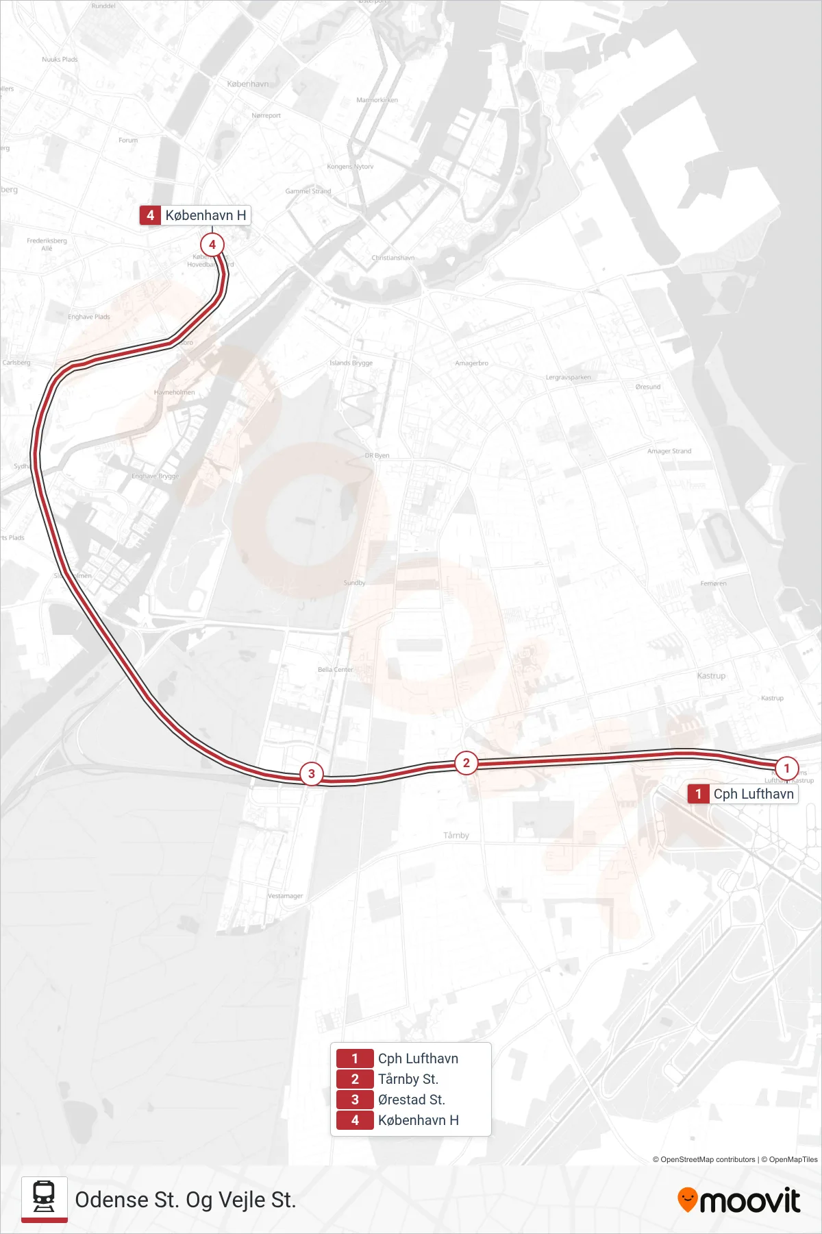 IC jernbane Linje (Odense St. Og Vejle St.) rute og stop på et kort