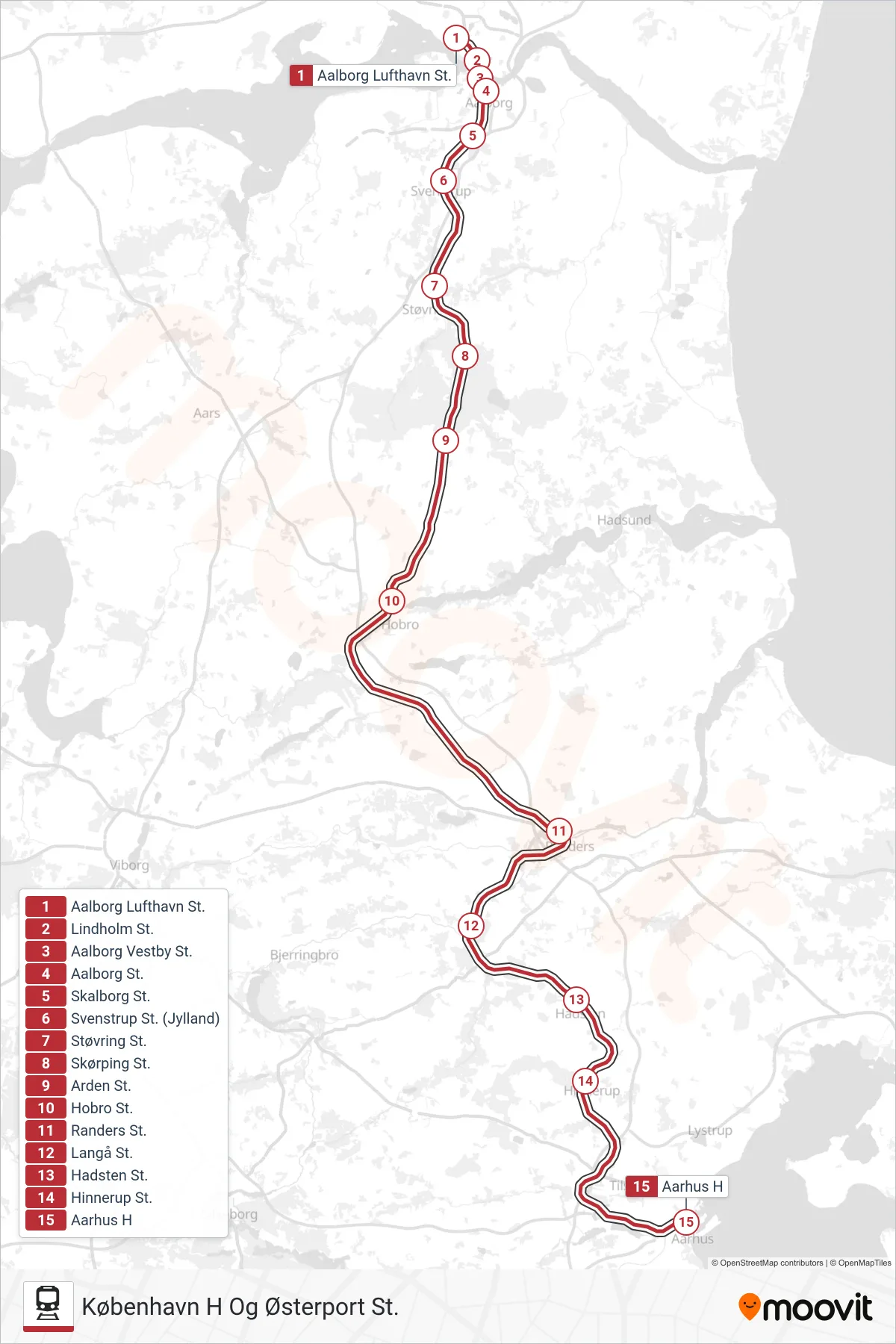IC train Line (København H Og Østerport St.) route and stops on a map