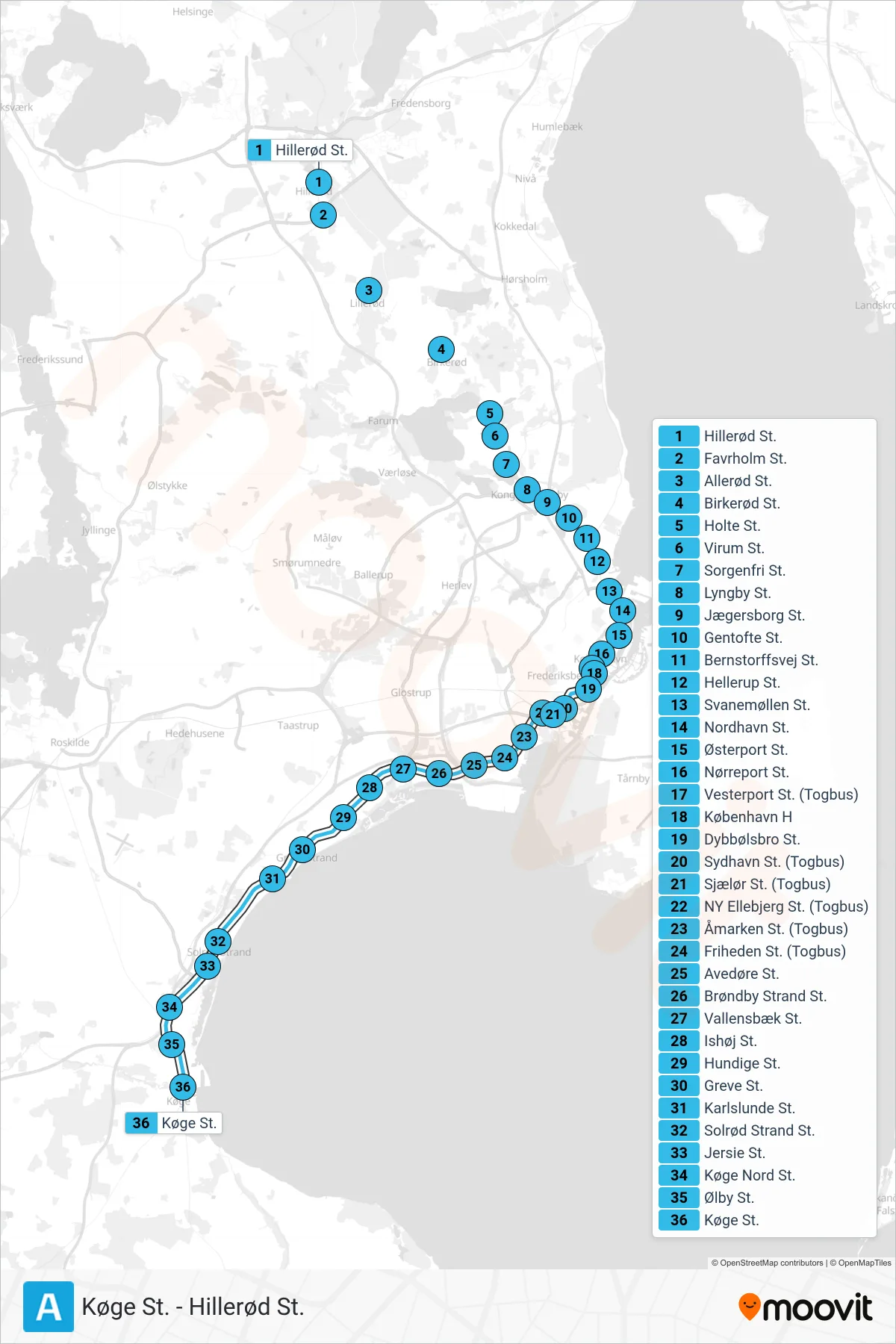 A jernbane Linje (Mod syd) rute og stop på et kort