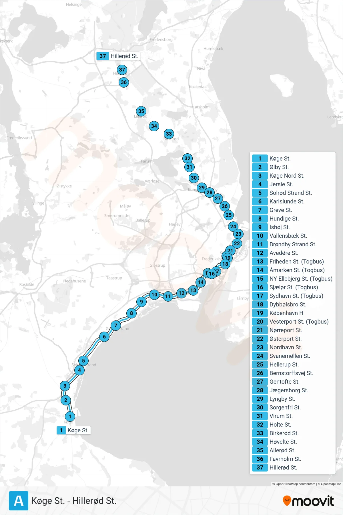 A jernbane Linje (Mod nord) rute og stop på et kort