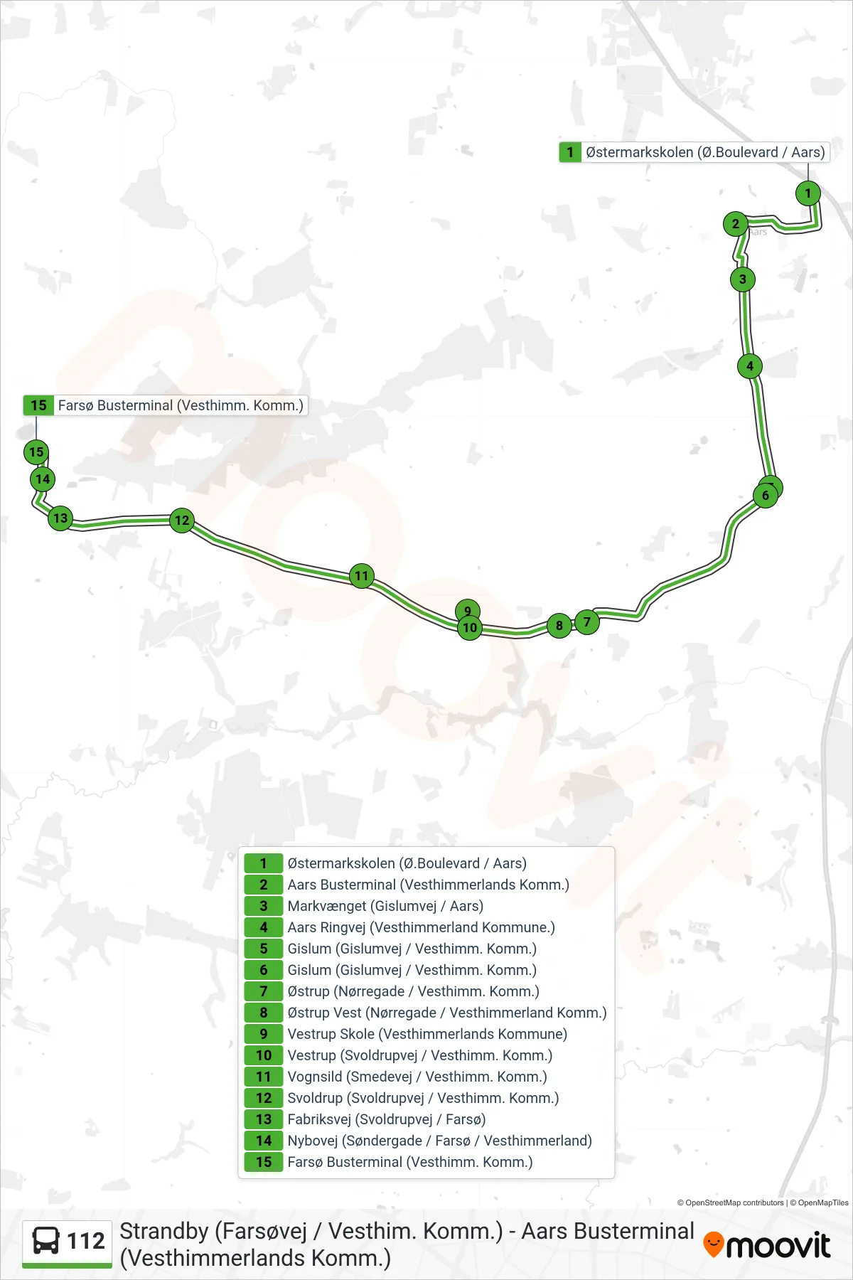 112 bus Linje (Farsø) rute og stop på et kort