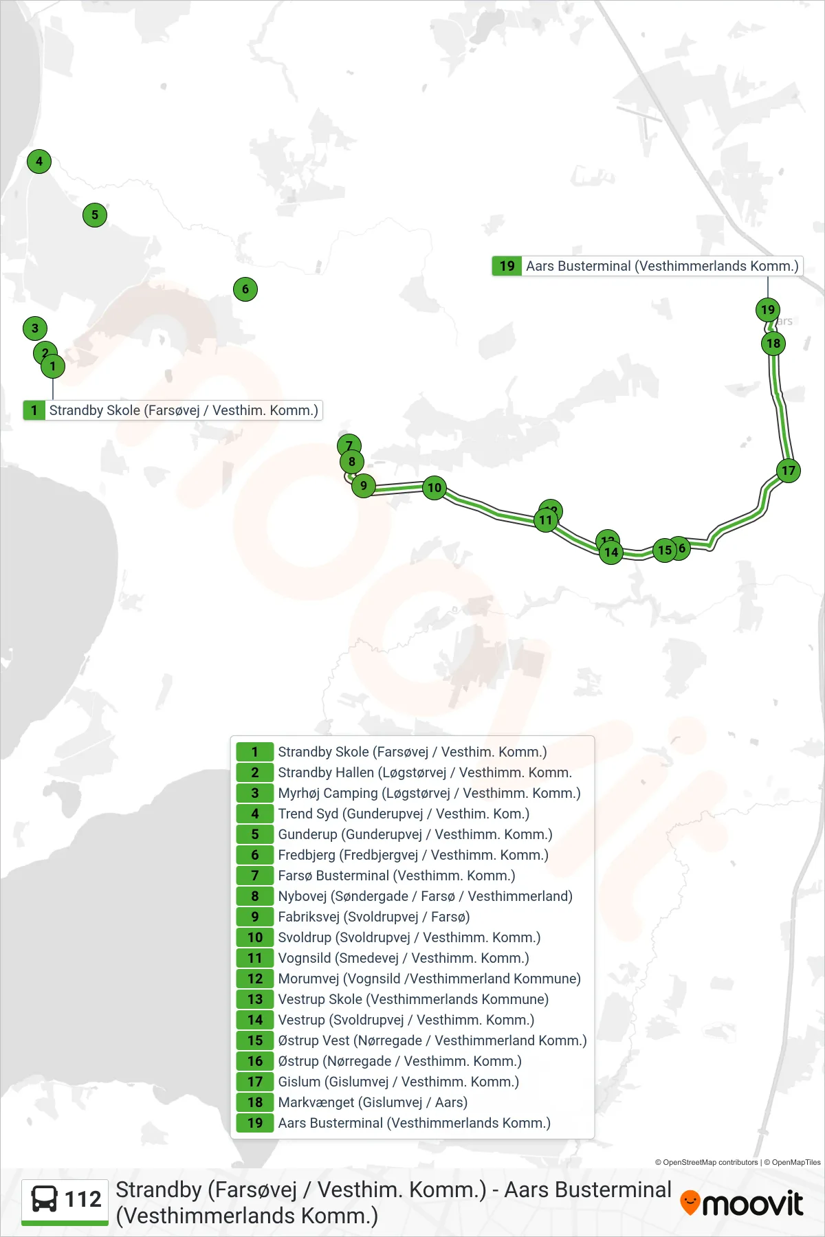 112 bus Linje (Aars) rute og stop på et kort