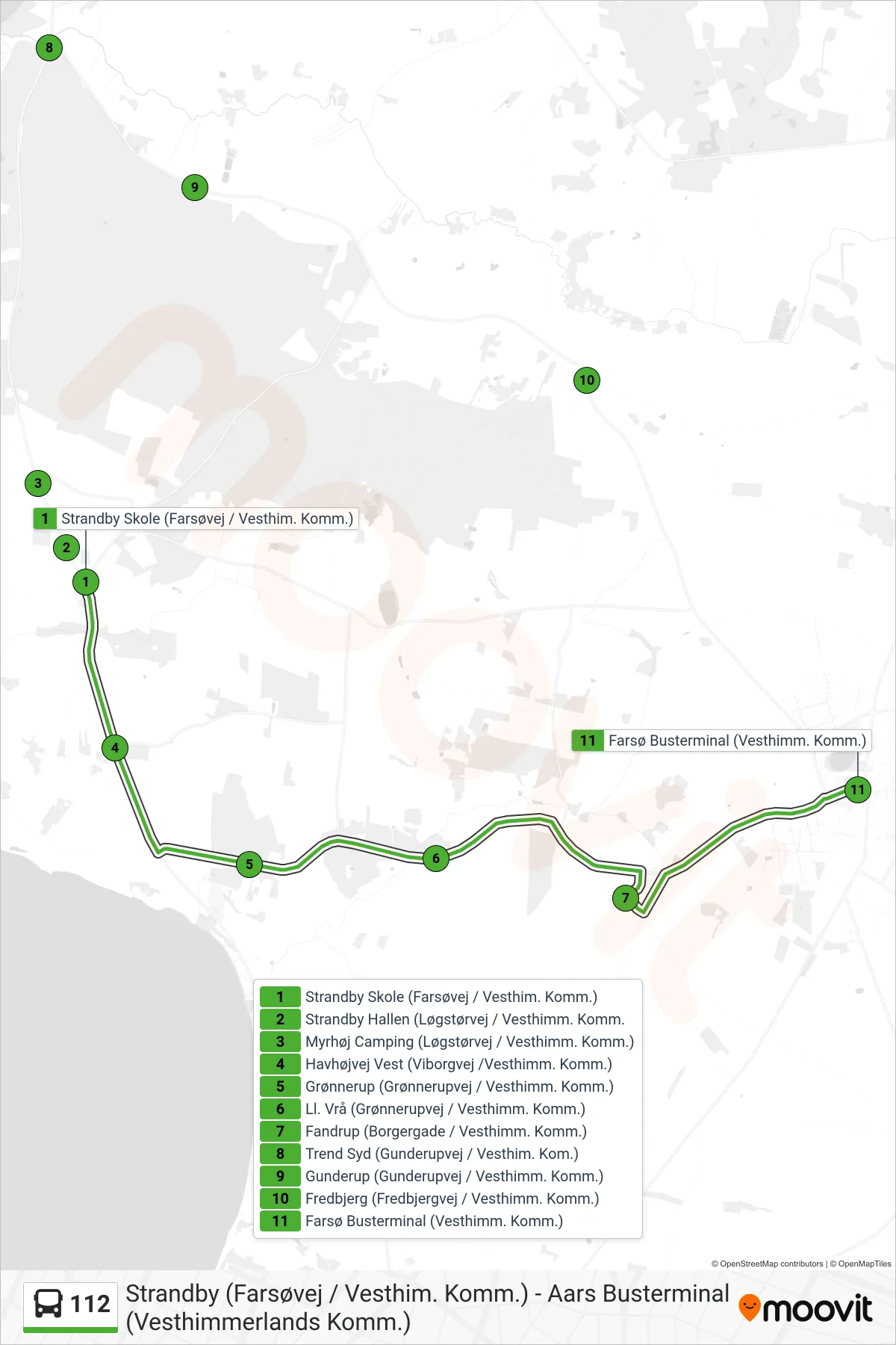 112 bus Linje (Farsø) rute og stop på et kort