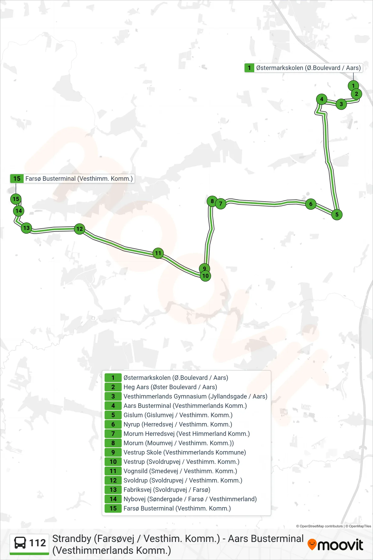 112 bus Linje (Farsø Busterminal (Vesthimm. Komm.)) rute og stop på et kort