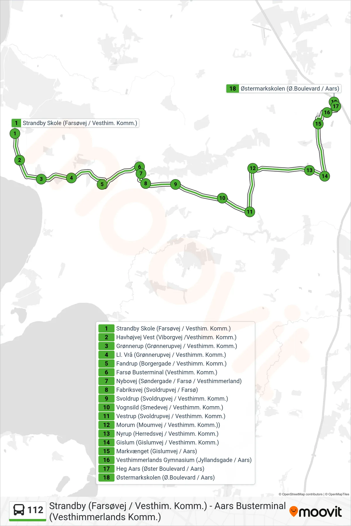 112 bus Line (Aars Uddannelse) route and stops on a map