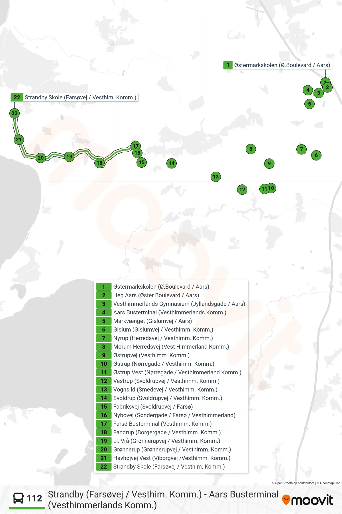 112 bus Linje (Farsø - Strandby) rute og stop på et kort