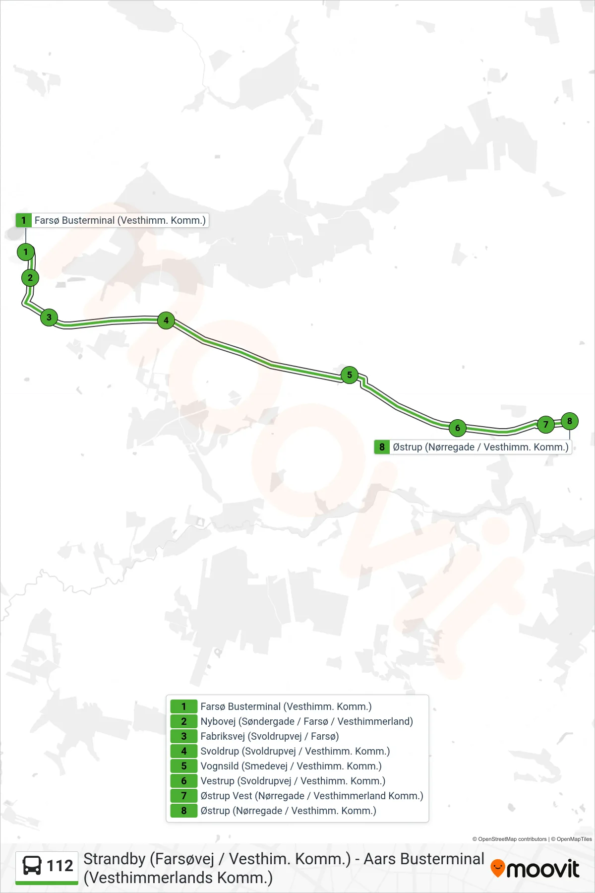 112 bus Linje (Østrup (Nørregade / Vesthimm. Komm.)) rute og stop på et kort