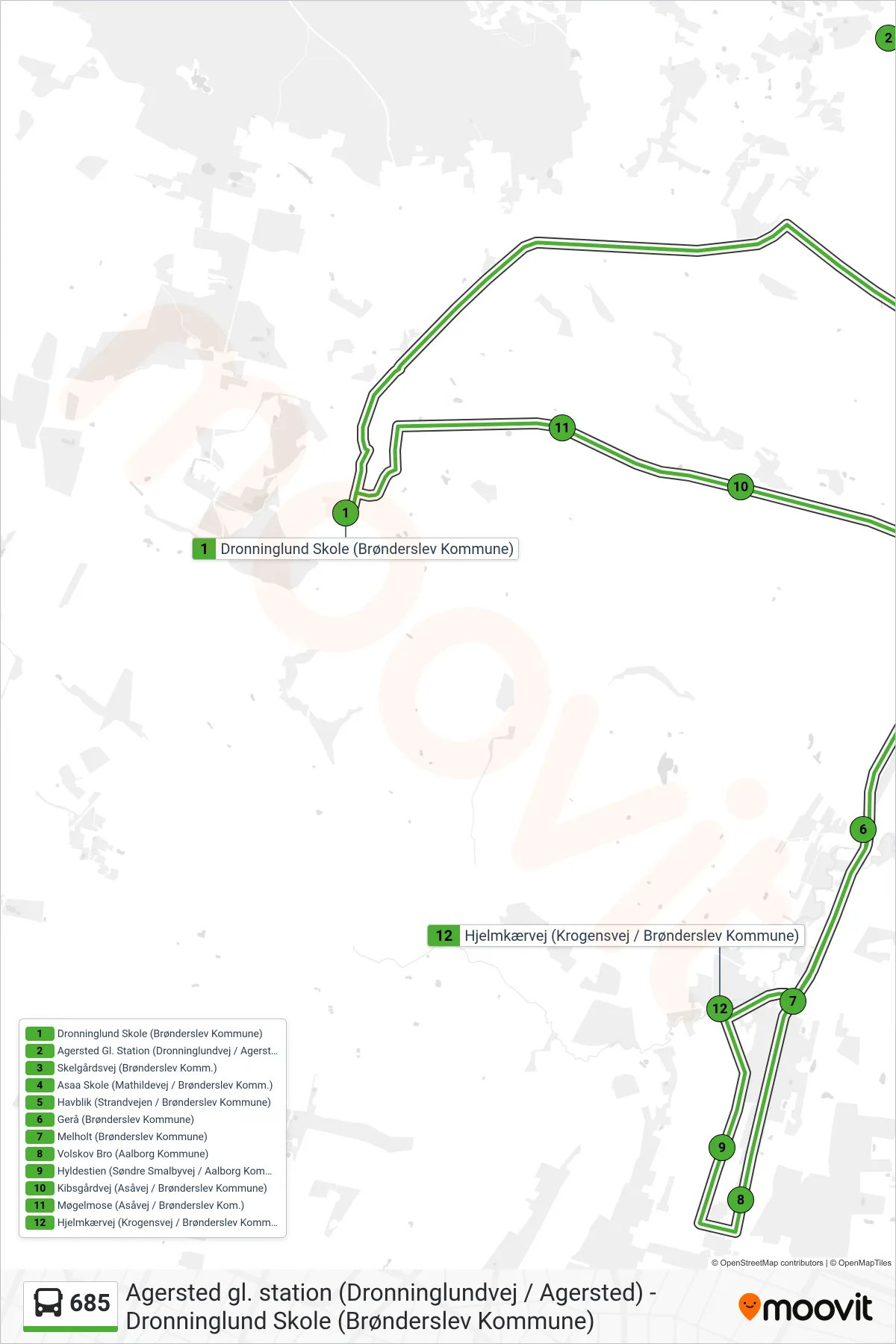 685 bus Linje (Dronninglund Skole (Brønderslev Kommune)) rute og stop på et kort