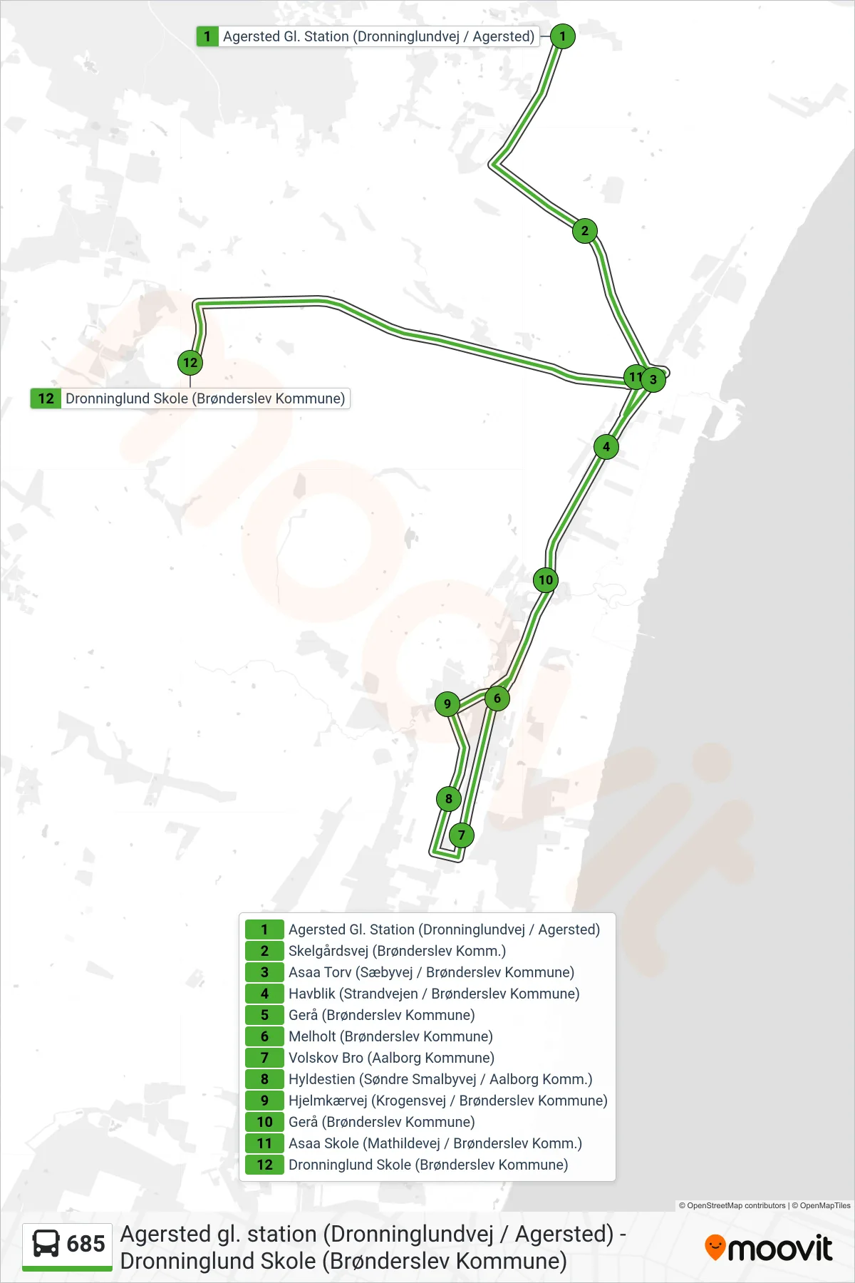 685 bus Linje (Dronninglund Skole (Brønderslev Kommune)) rute og stop på et kort