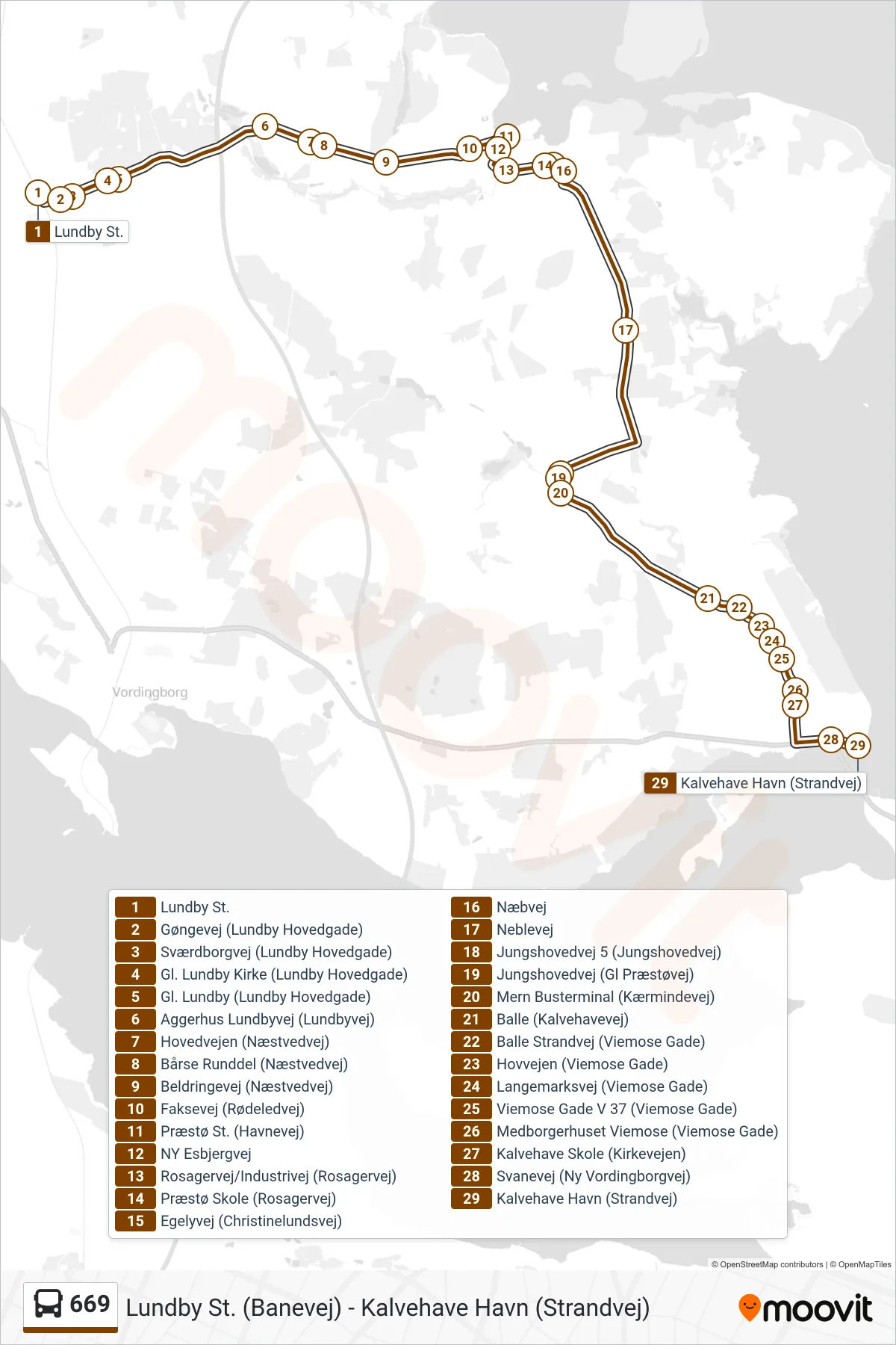 669 bus Linje (Kalvehave Havn) rute og stop på et kort