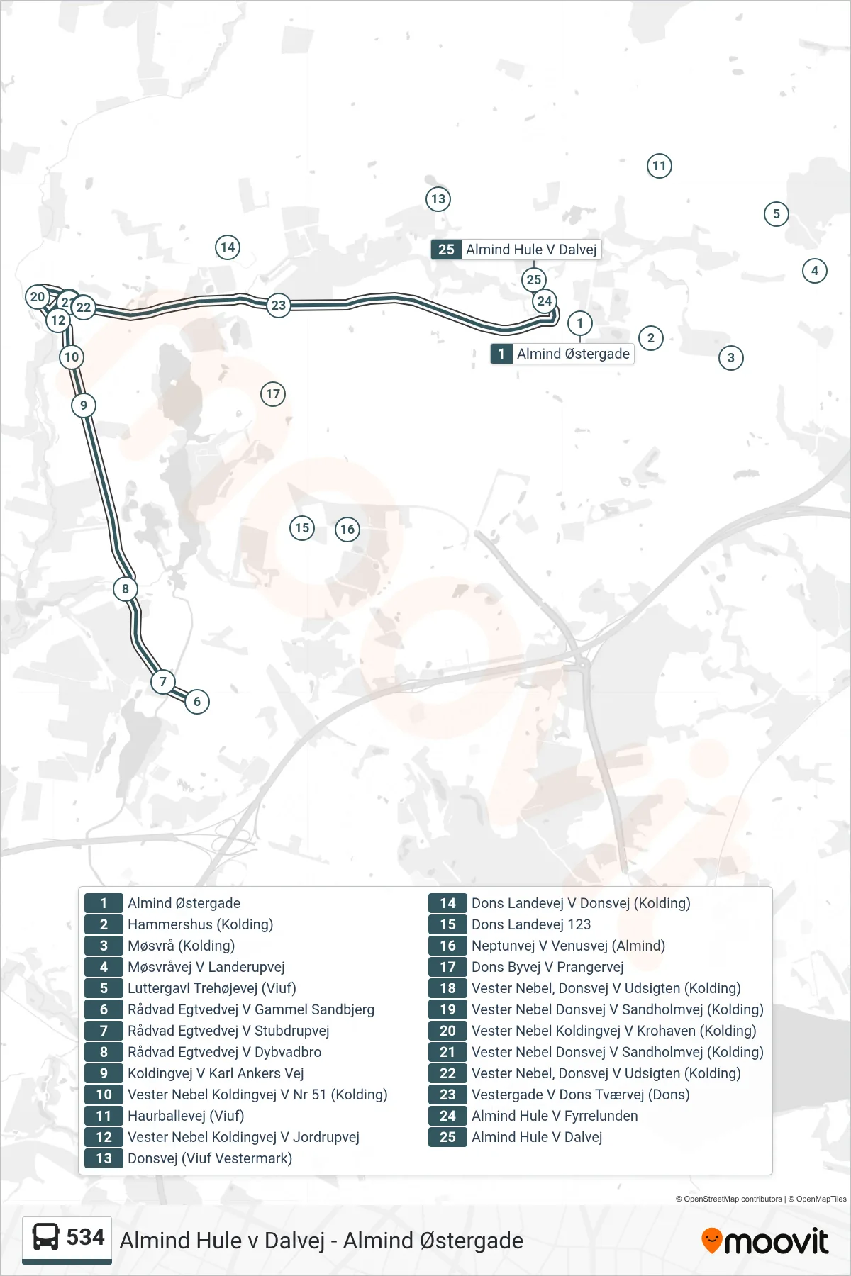 534 bus Linje (Almind Hule V Dalvej) rute og stop på et kort