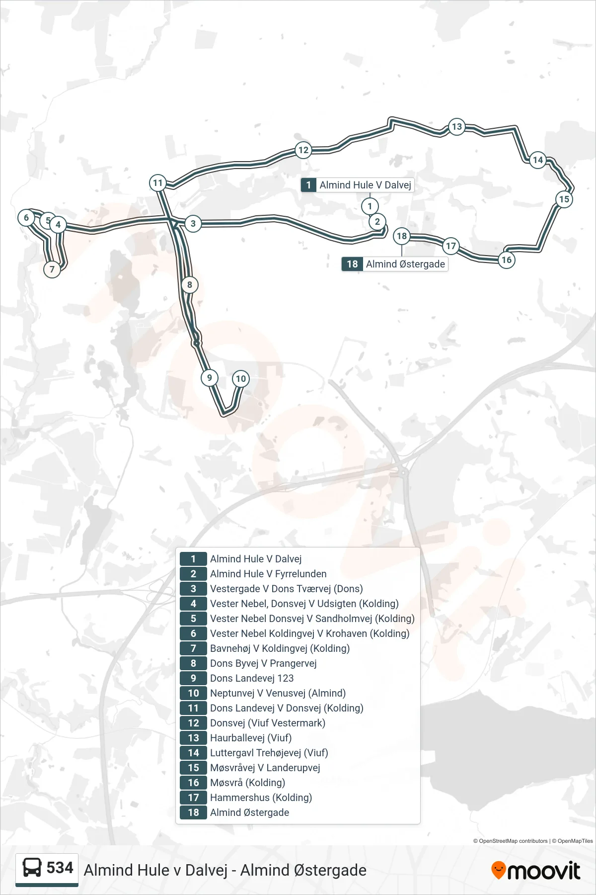 534 bus Linje (Almind Østergade) rute og stop på et kort