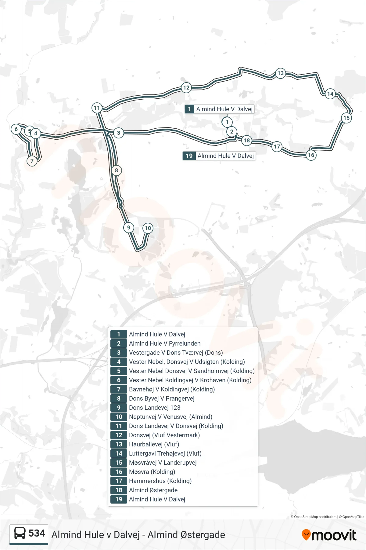 534 bus Linje (Almind Hule V Dalvej) rute og stop på et kort