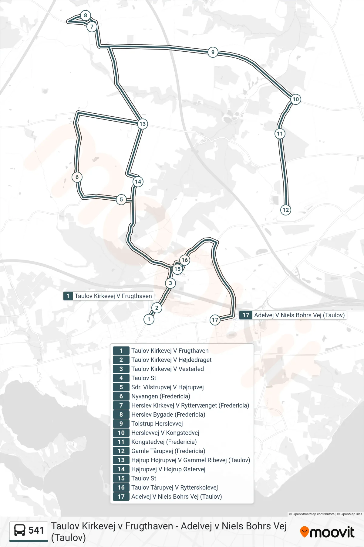 541 bus Line (Adelvej V Niels Bohrs Vej (Taulov)) route and stops on a map