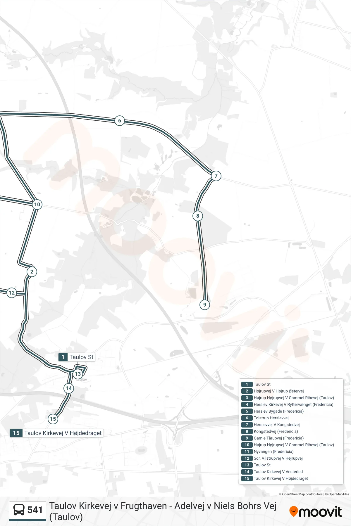 541 bus Linje (Taulov Kirkevej V Højdedraget) rute og stop på et kort