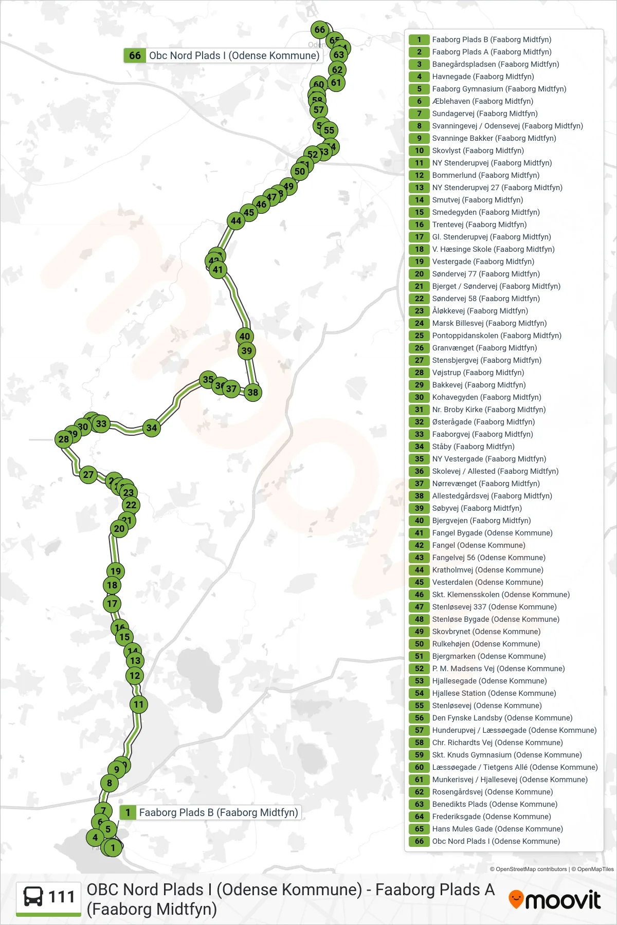 111 bus Linje (Odense) rute og stop på et kort