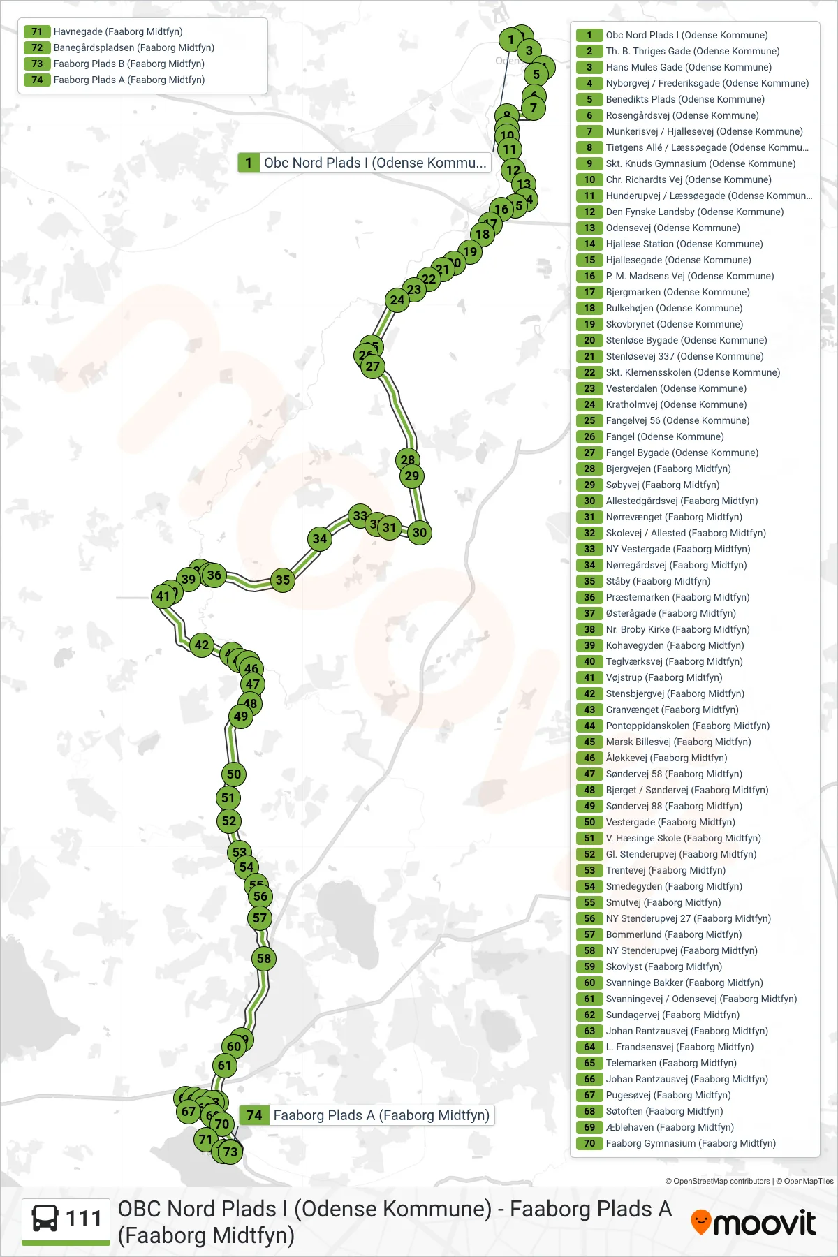 111 bus Linje (Faaborg) rute og stop på et kort