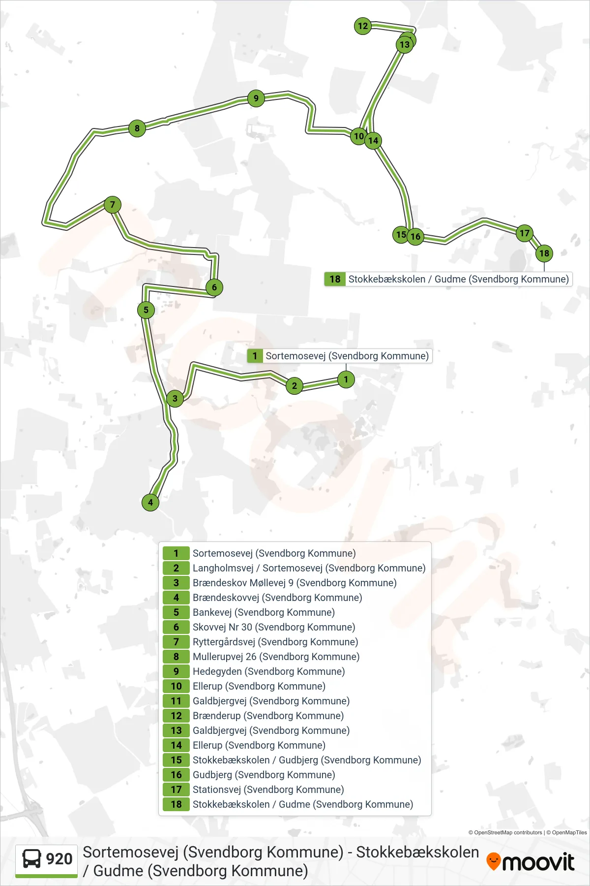 920 bus Linje (Gudbjerg) rute og stop på et kort